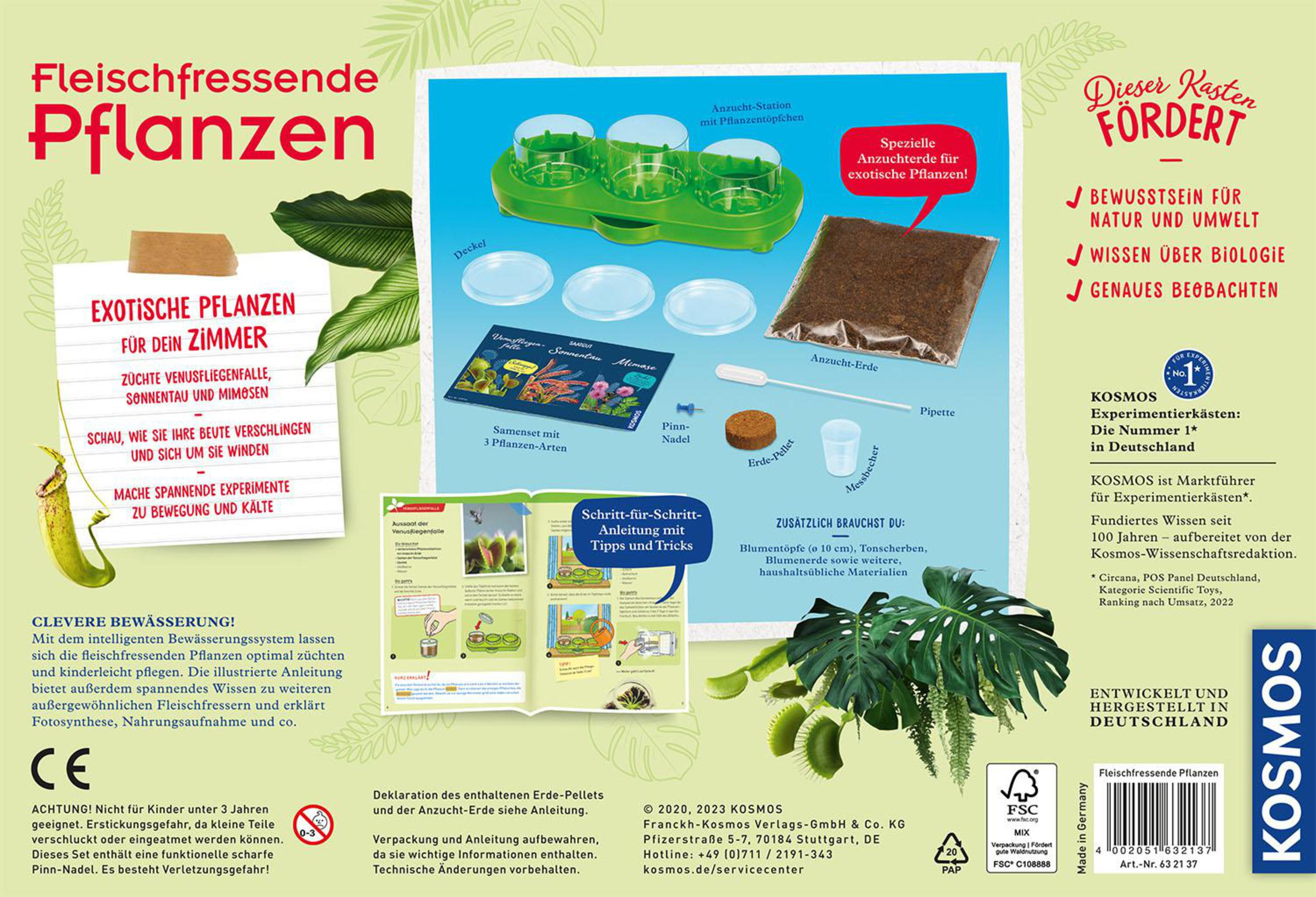 Eine Schachtel mit Text und Bildern von fleischfressenden Pflanzen, einschließlich eines Kits.
