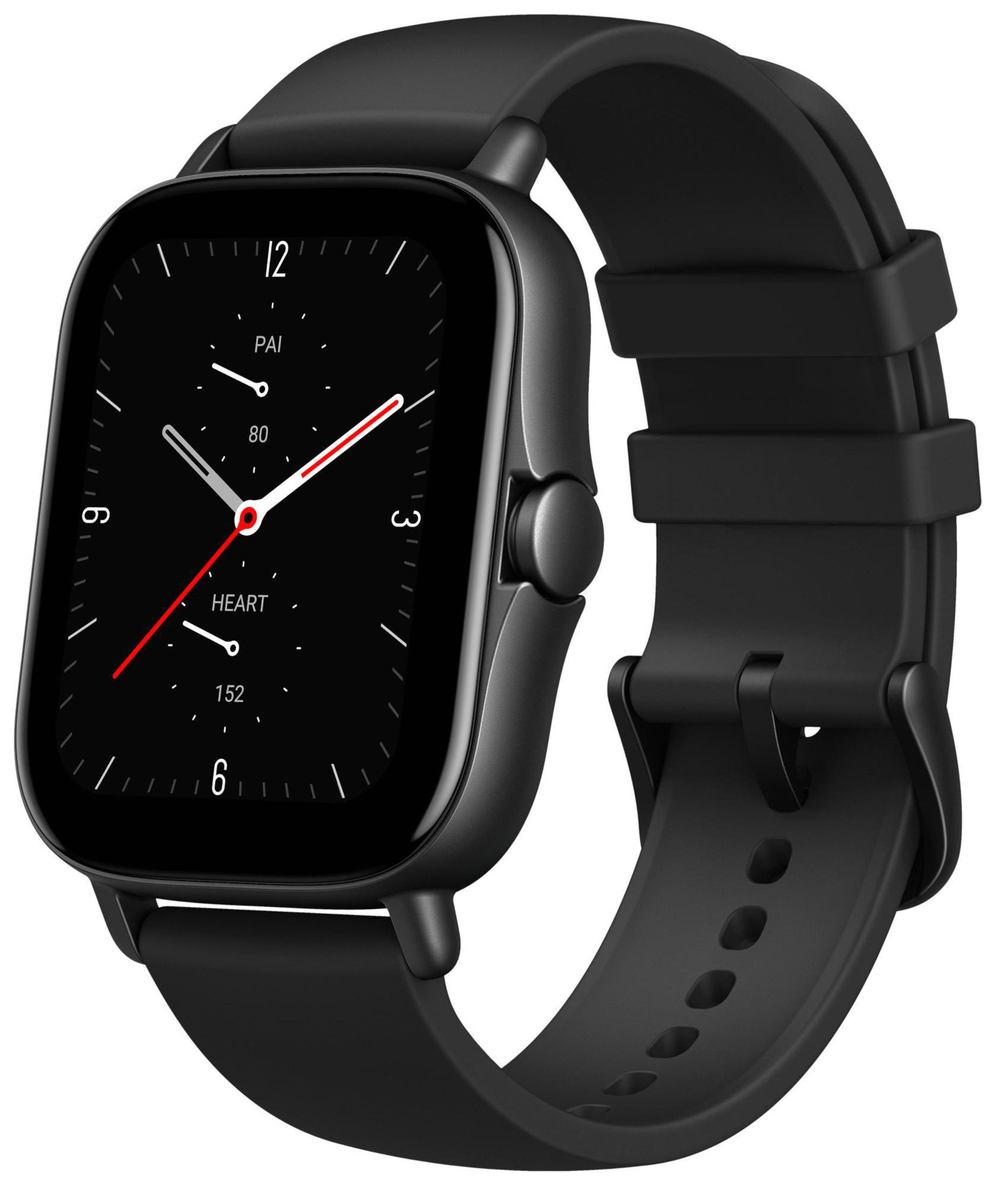 Smartwatch nero. Schermo quadrato con ora e frequenza cardiaca. Cinturino nero attaccato.
