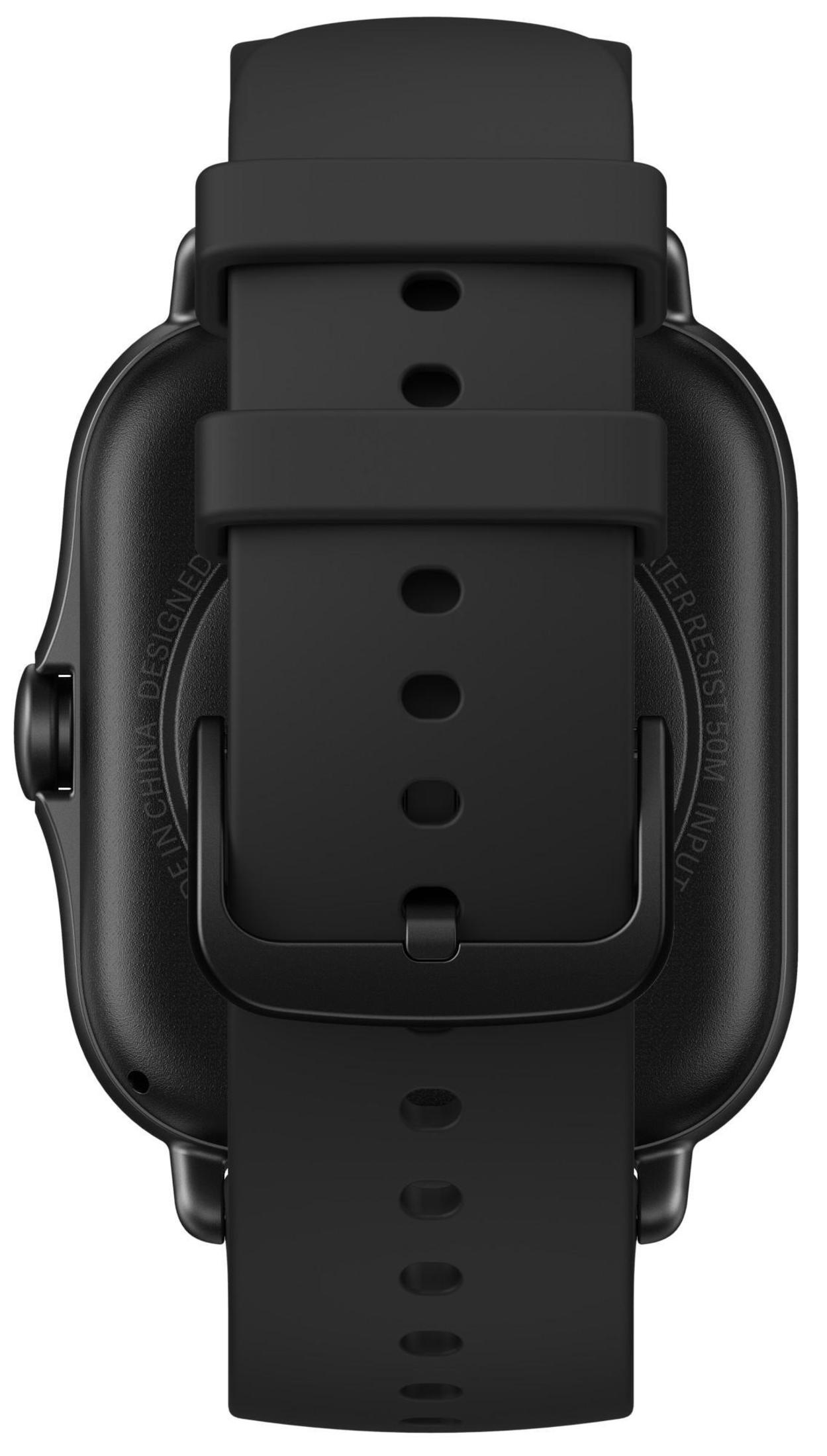 Smartwatch nero, vista posteriore. Mostra la cassa dell'orologio, il cinturino e la chiusura.