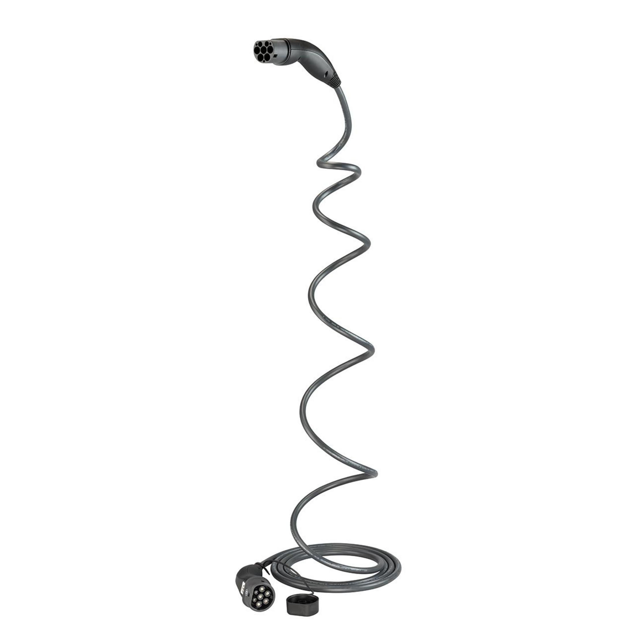 Cavo di ricarica per veicoli elettrici, con cavo a spirale e due connettori su ciascuna estremità.