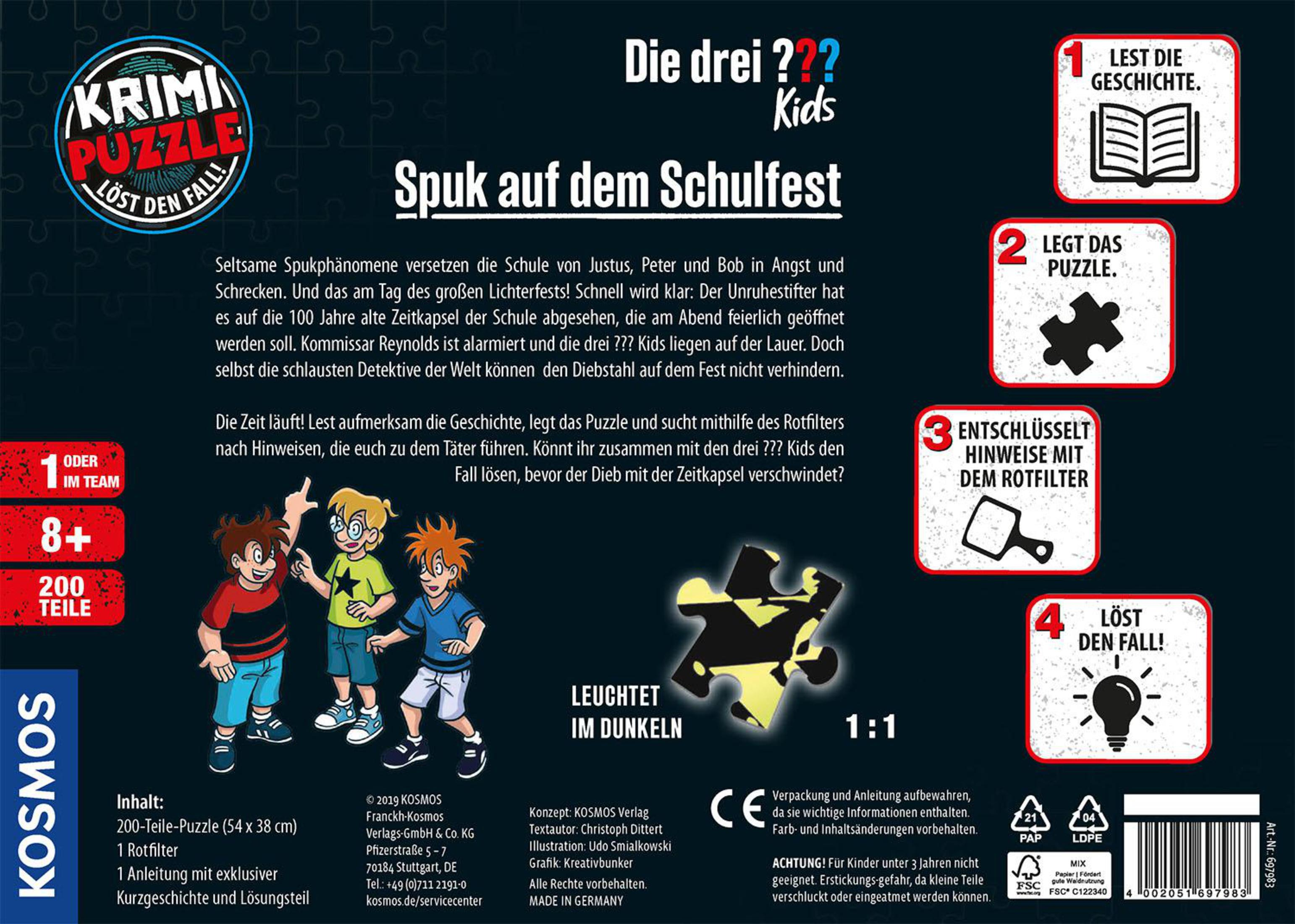 Il retro di una scatola di puzzle Krimi tedesca con testo e immagini, tra cui un puzzle e personaggi.
