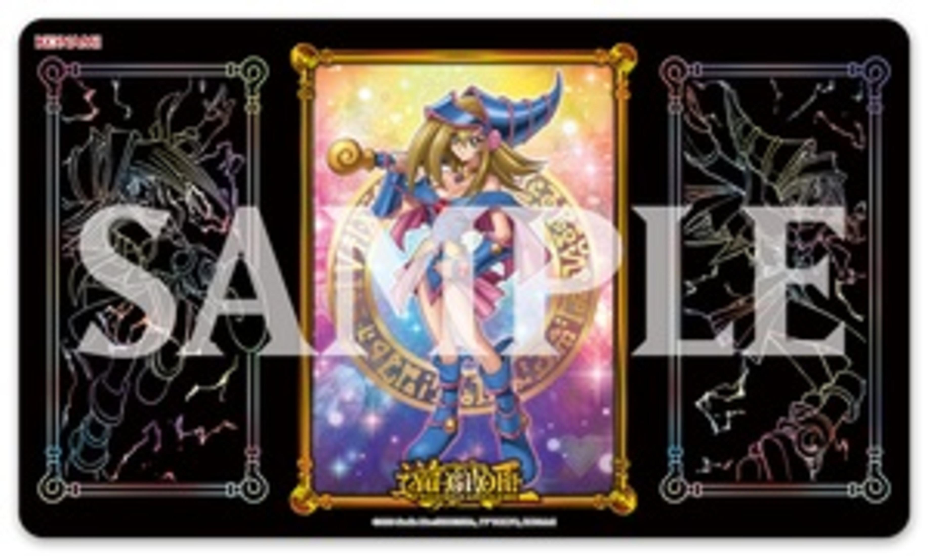 Un tappetino da gioco di Yu-Gi-Oh! con una ragazza dei cartoni animati. La ragazza è in un cerchio con uno sfondo magico.