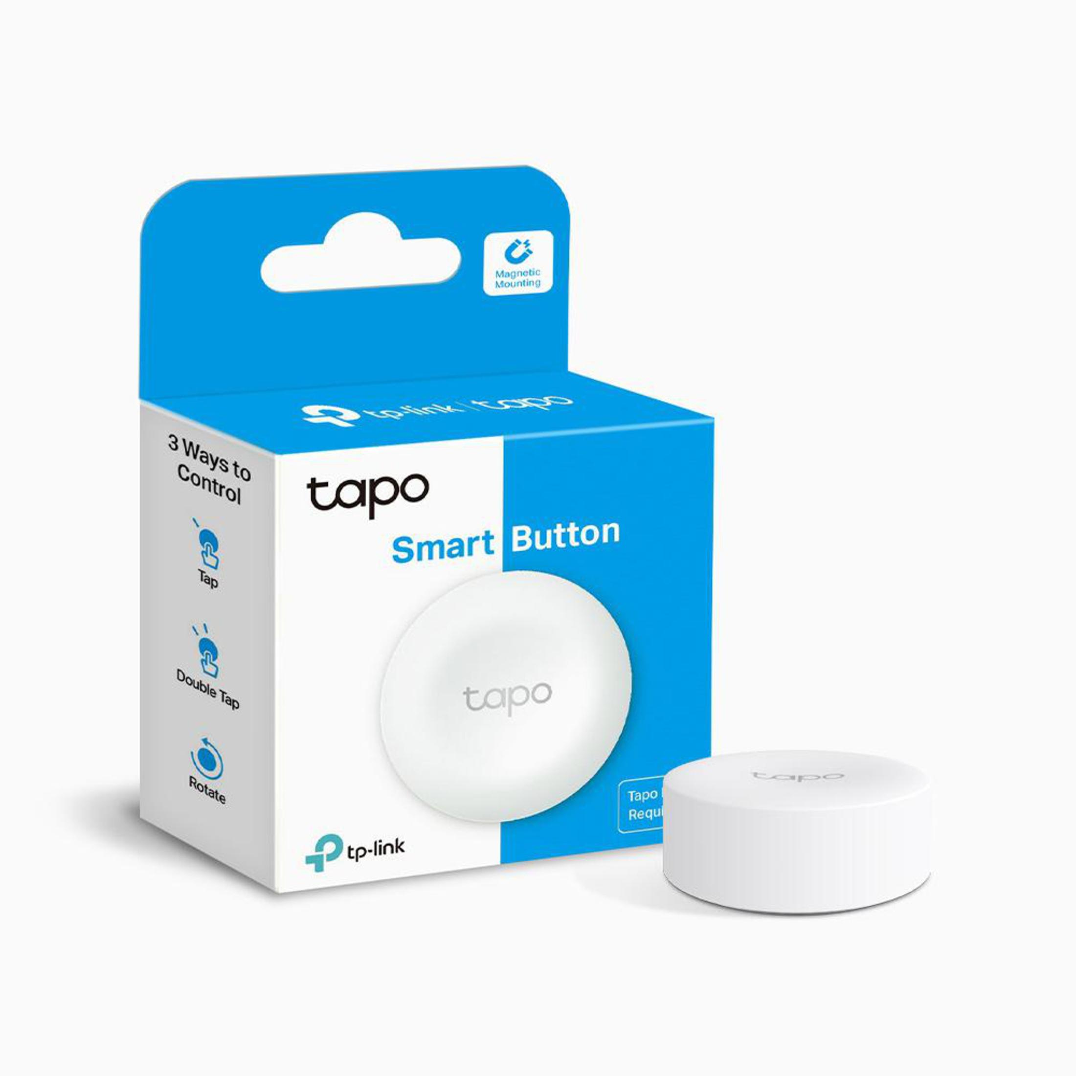 Un bouton intelligent blanc avec une boîte indiquant '3 façons de contrôler : Tapoter, Double tap, Rotation'.