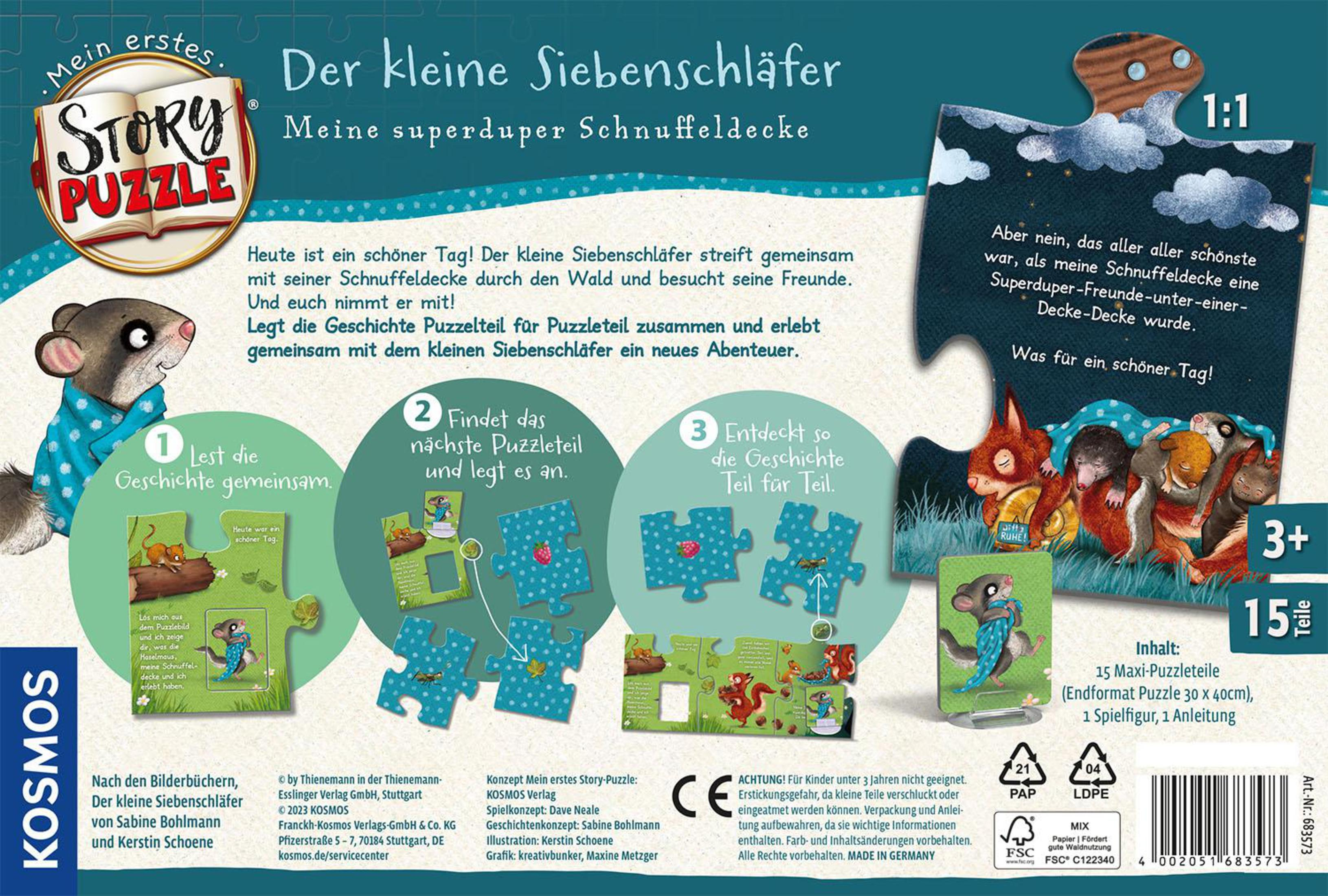 Puzzledose: Die Rückseite einer Puzzledose mit Text und Bildern einer Geschichte für Kinder, mit Puzzleteilen.