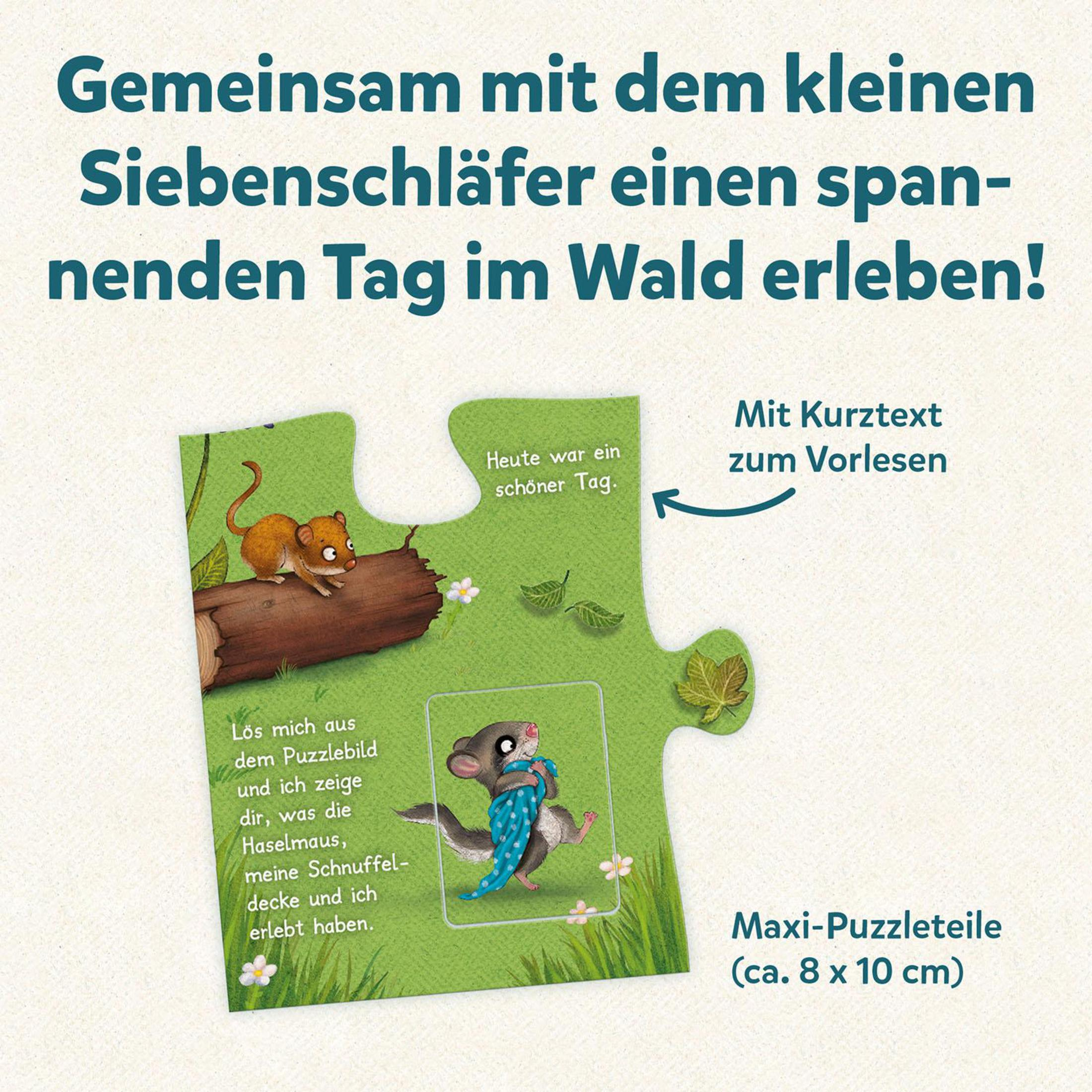 Ein Puzzleteil mit Text und Illustrationen. Eine Maus ist mit einem Schal und ein Baumstamm mit Blumen gezeigt.