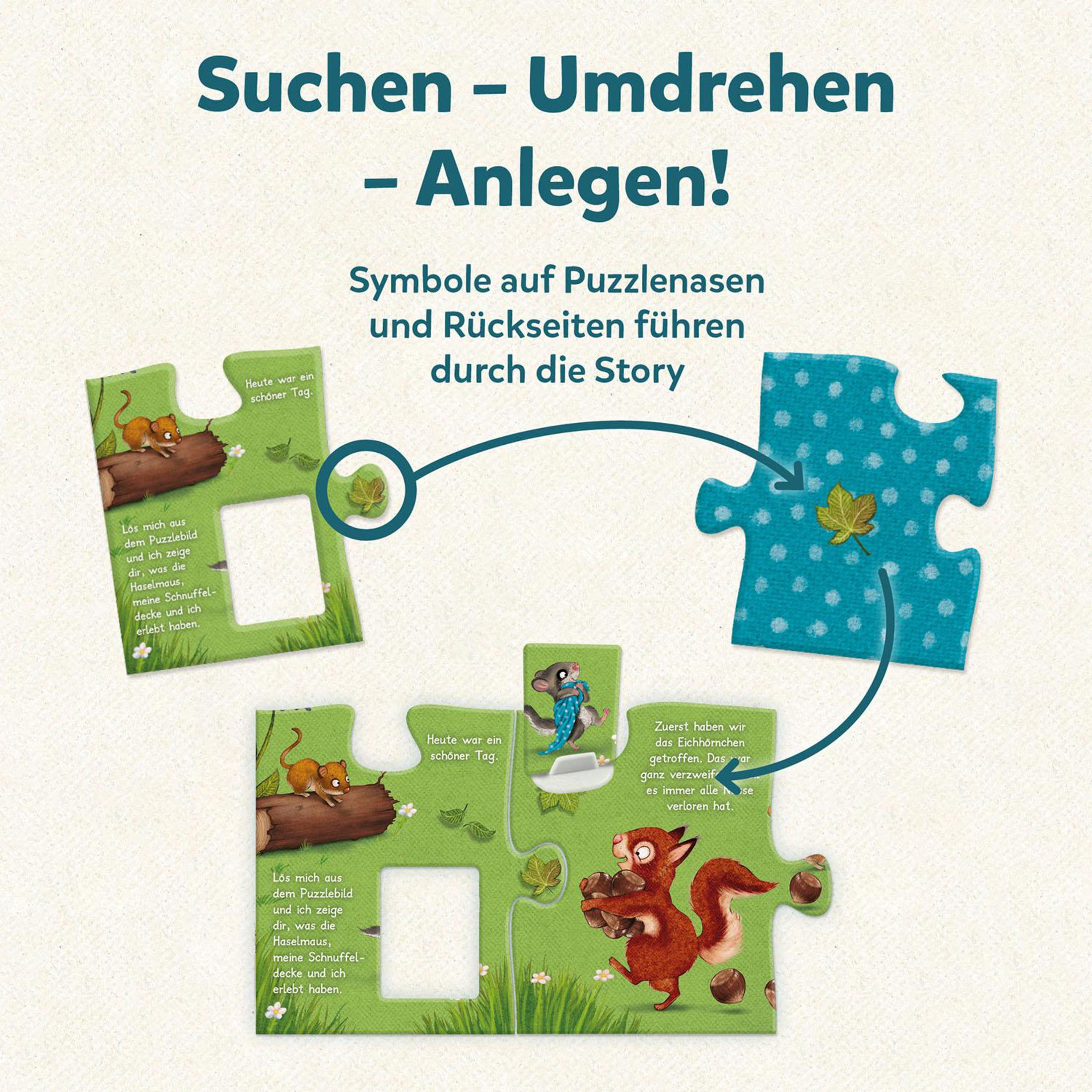 Puzzleteile mit Illustrationen einer Maus, eines Eichhörnchens und Text auf Deutsch.