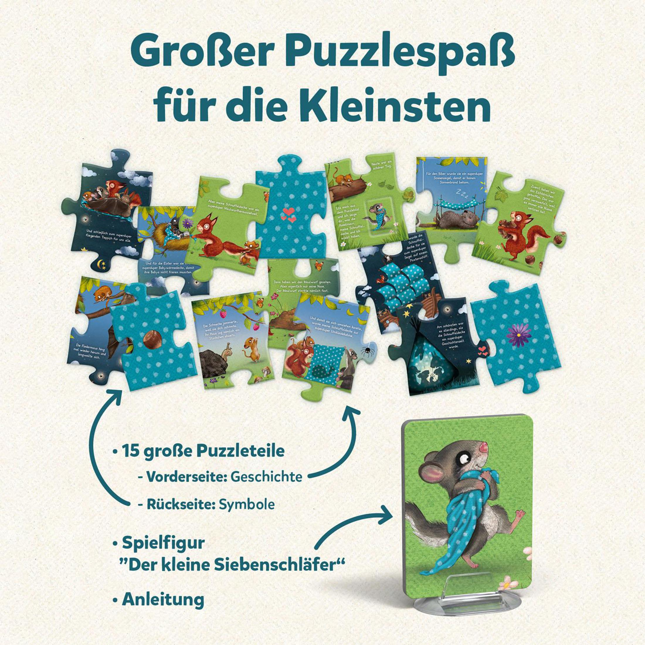 Puzzleteile mit Bildern und Text. Ein kleines Eichhörnchen mit Schal ist auf einer Karte.