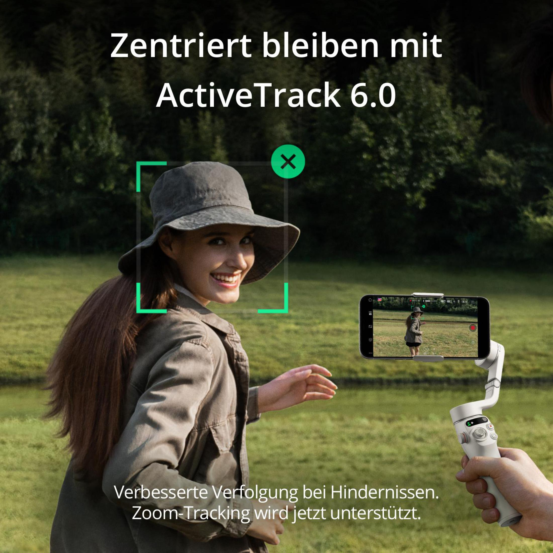 Mujer usando un smartphone con un gimbal. Texto en alemán, muestra la función ActiveTrack 6.0.