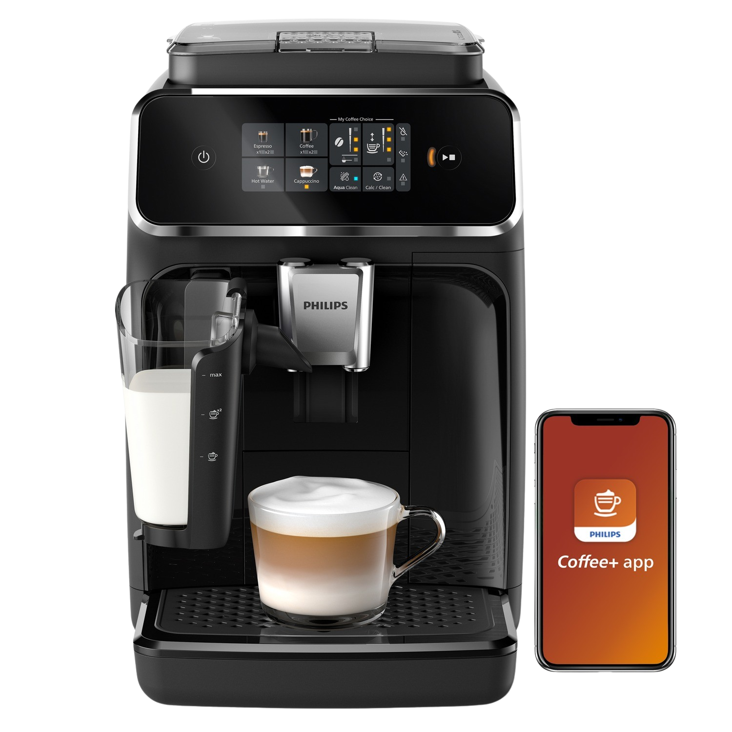 Czarny ekspres do kawy ze szklanką mleka i filiżanką latte. Obok aplikacja mobilna.