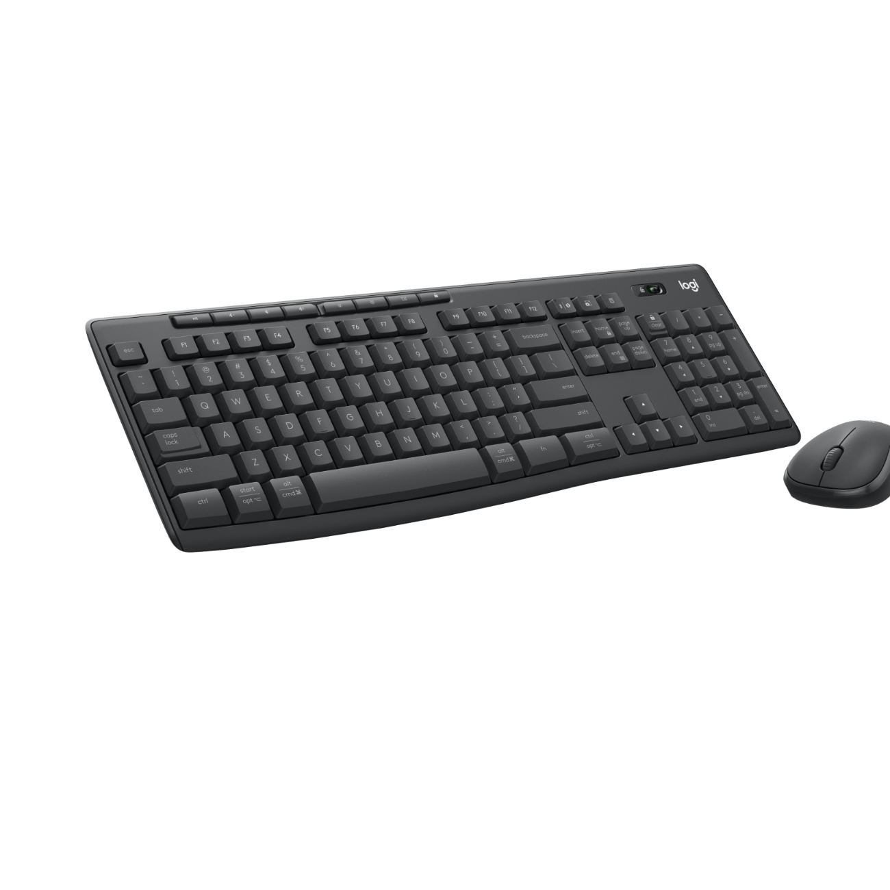 Tastiera e mouse per computer neri su una superficie bianca. La tastiera è full-size.