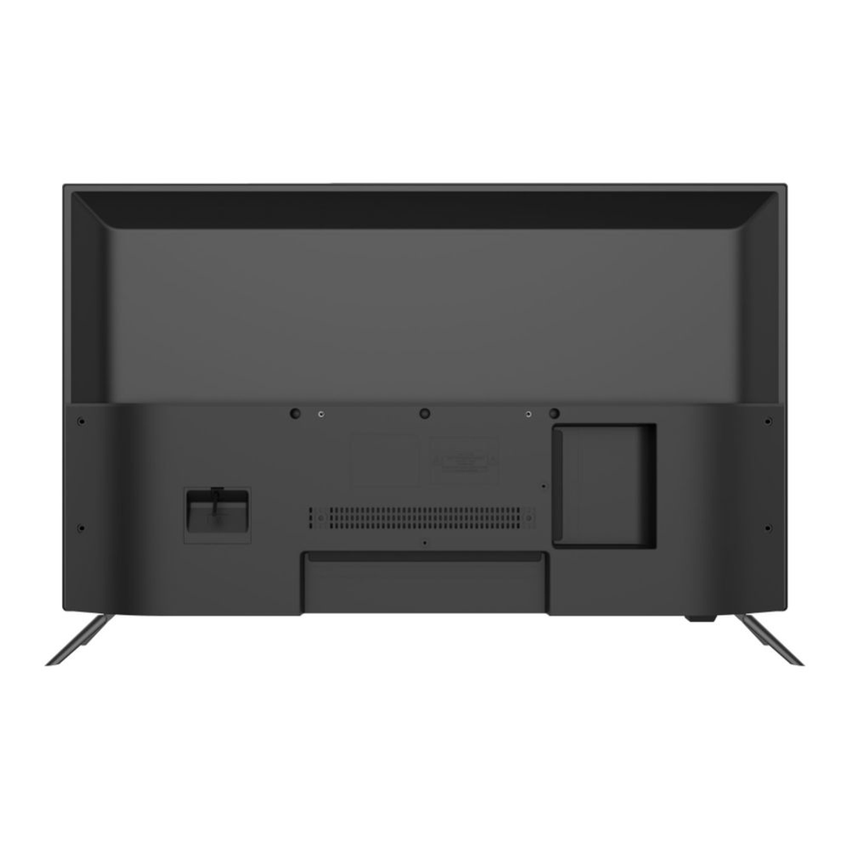 Parte trasera de un televisor negro con puertos, conectores y patas. La parte trasera es plana.