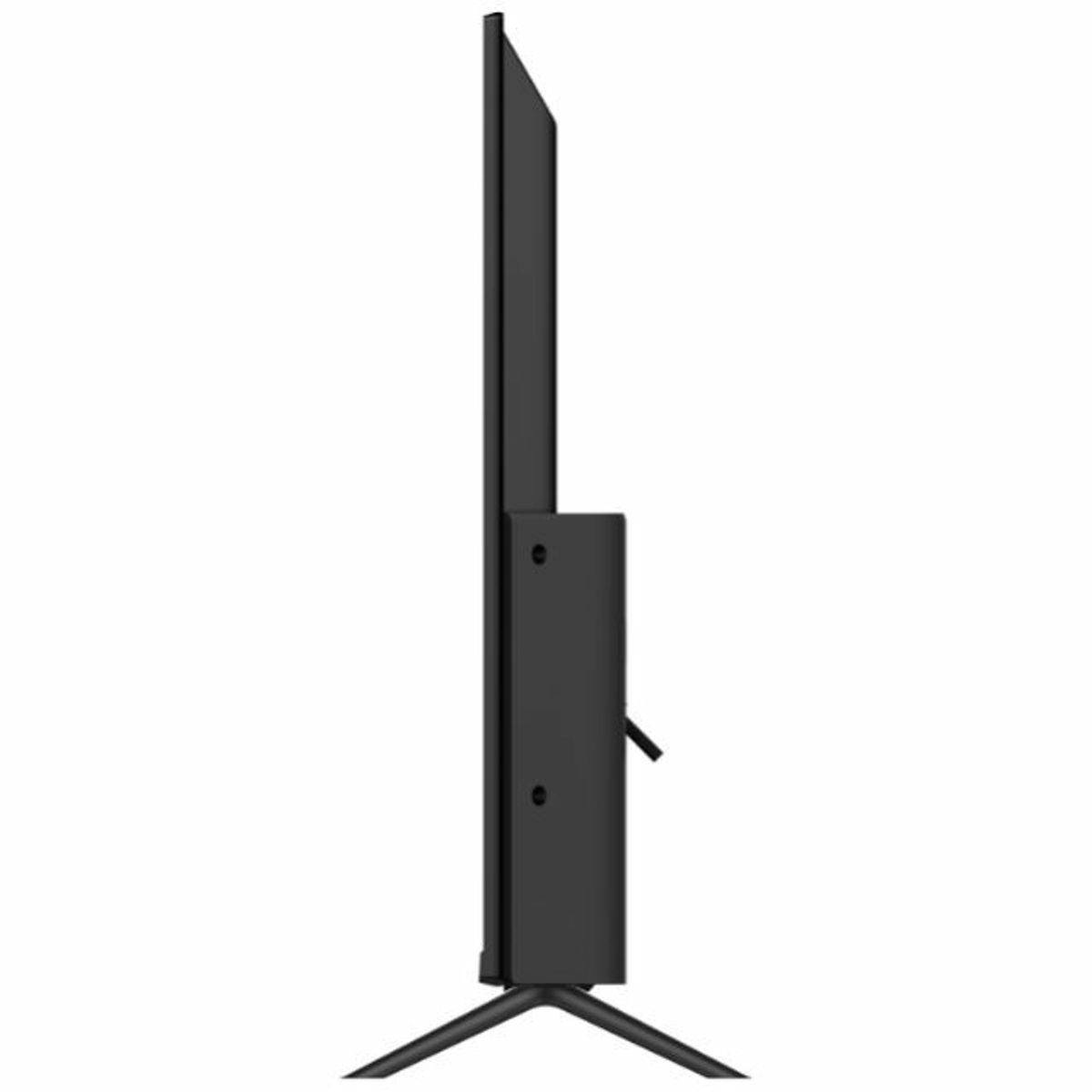 Un televisor negro de lado. Tiene un soporte y un perfil muy delgado. El fondo es blanco.