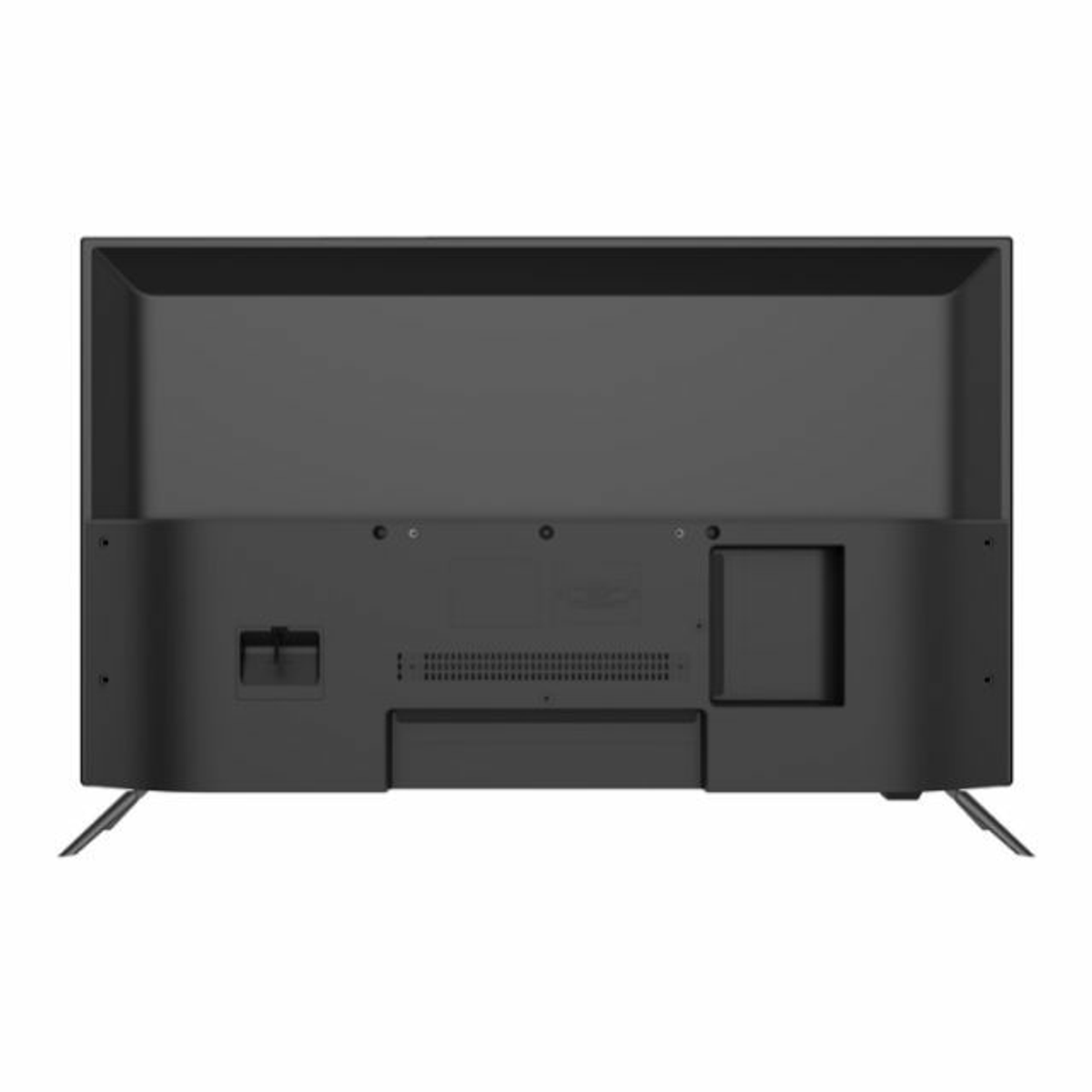 La parte trasera de un televisor negro con varios puertos y conexiones.