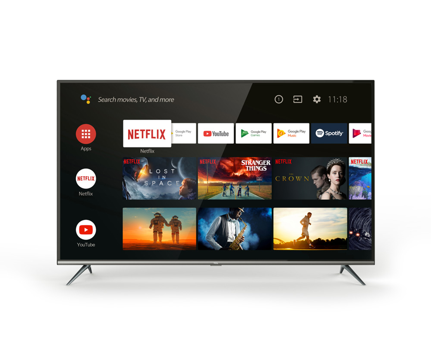 Grande TV che mostra icone di app. Netflix, YouTube e altre app di streaming sono visibili.