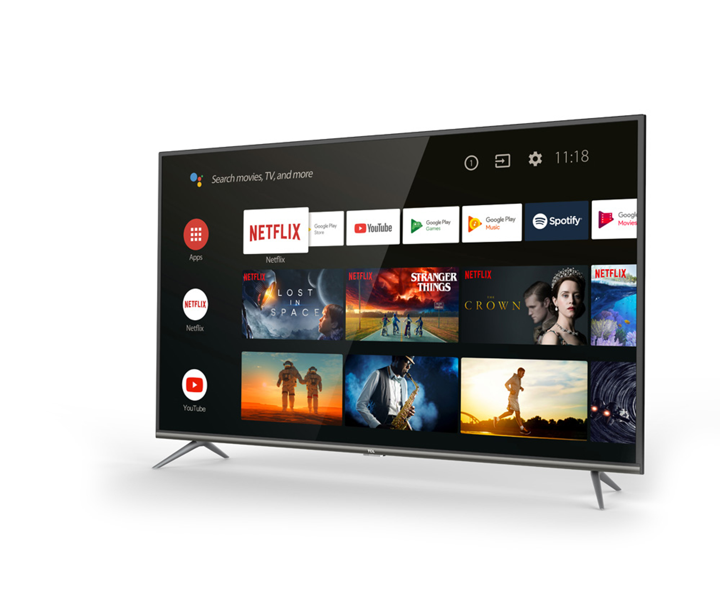 Una TV che mostra l'app Netflix e altre app, su sfondo bianco.