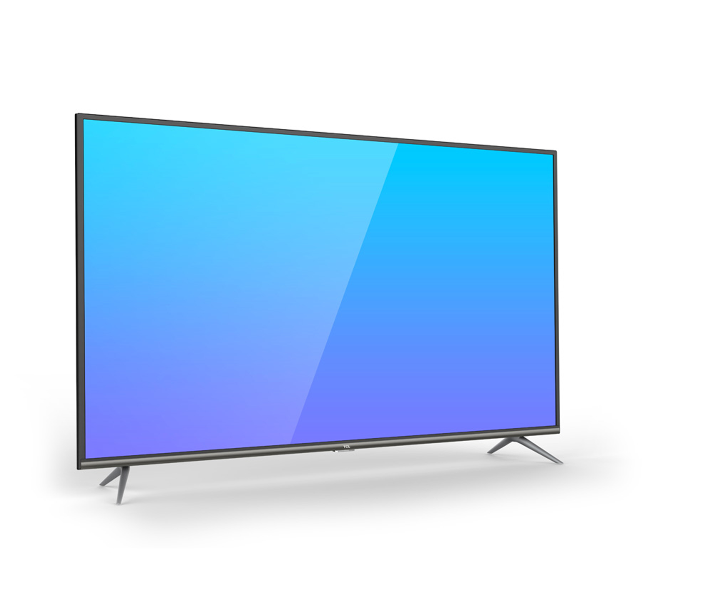 Una TV moderna con schermo blu e viola, su sfondo bianco.
