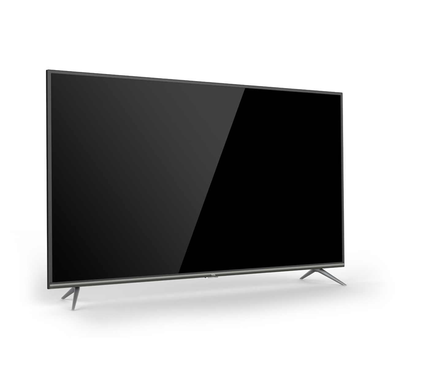Una moderna TV a schermo piatto con display nero lucido, su sfondo bianco.