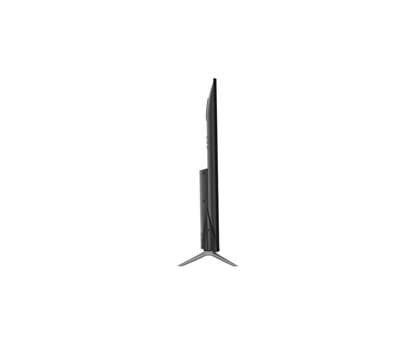 Vista laterale di una TV a schermo piatto nero su sfondo bianco con supporti argentati.