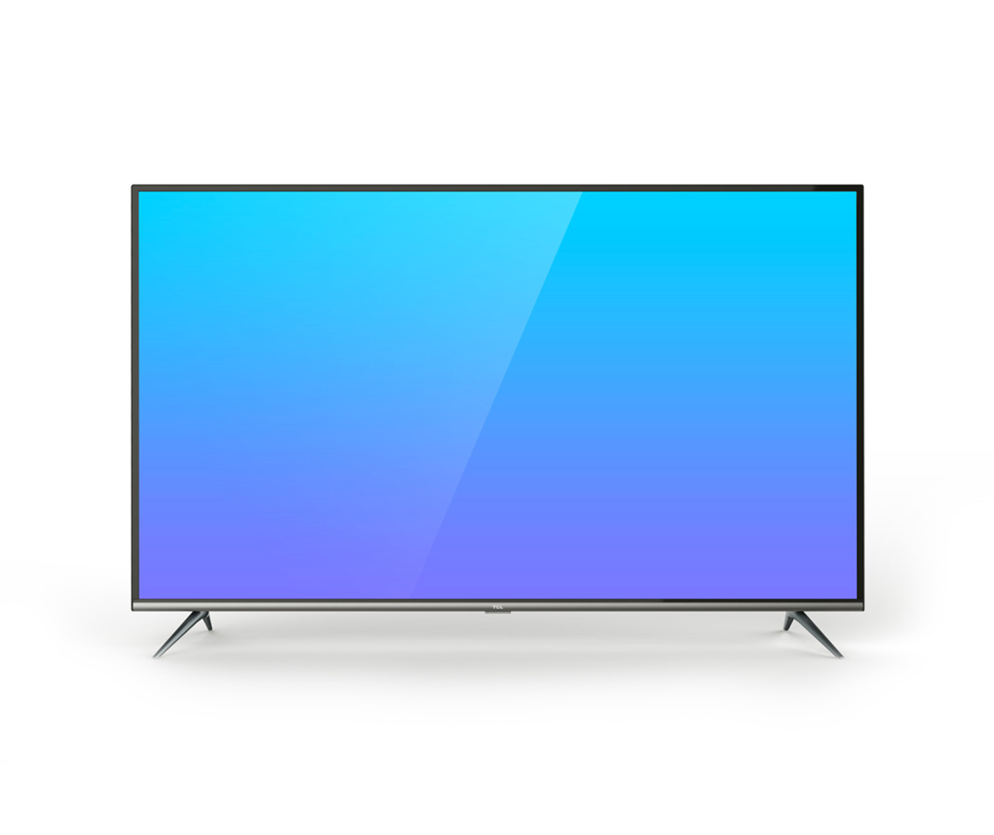 TV con gradiente blu con cornice e supporto argentati su sfondo bianco.