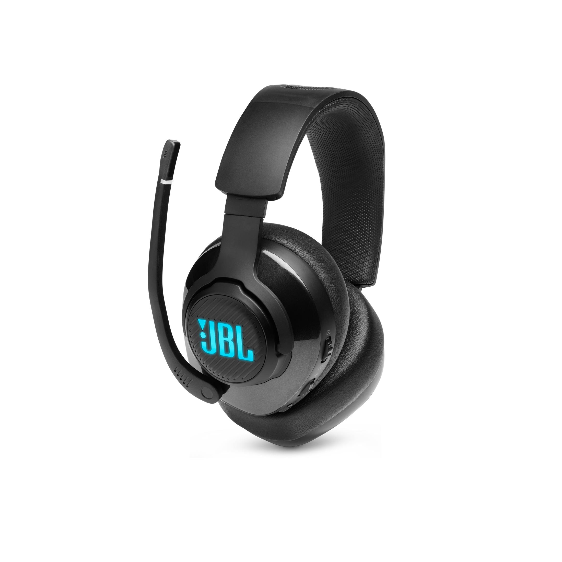 Auriculares JBL negros con micrófono, sobre un fondo blanco.