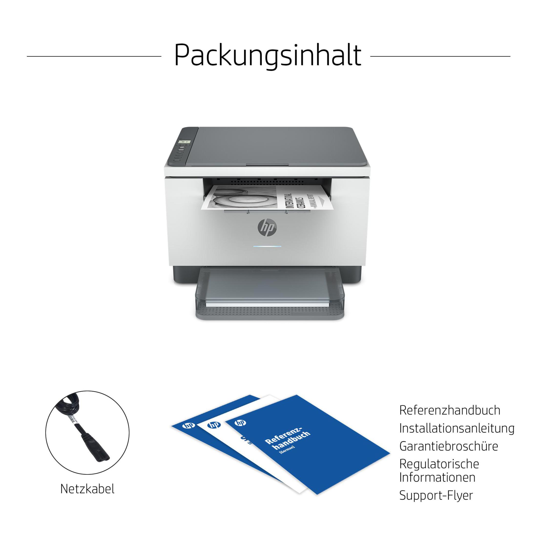 Drukarka, kabel zasilający i instrukcje na białym tle.