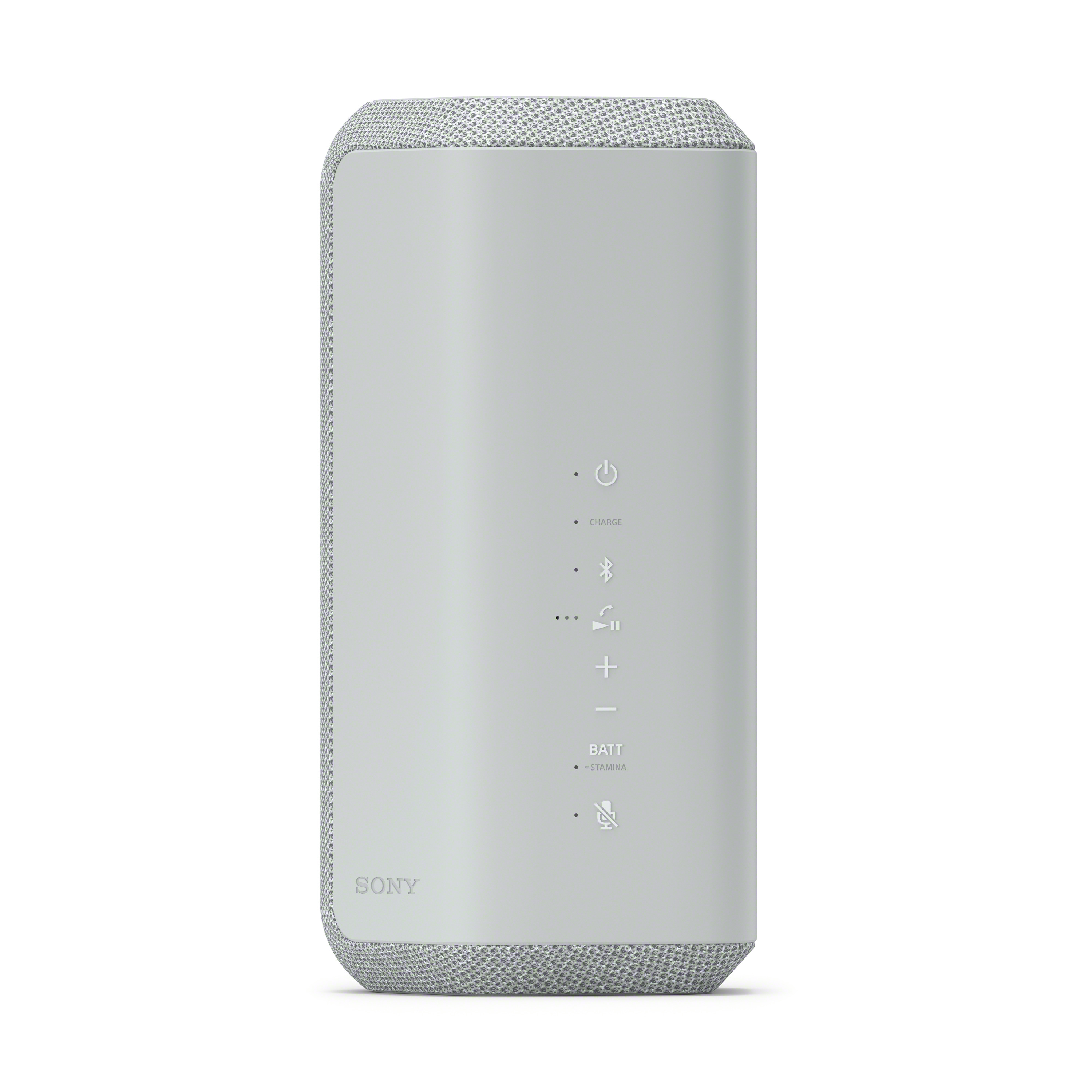 Weißer, zylindrischer Sony-Lautsprecher mit Steuertasten und einem Mesh-Oberteil.
