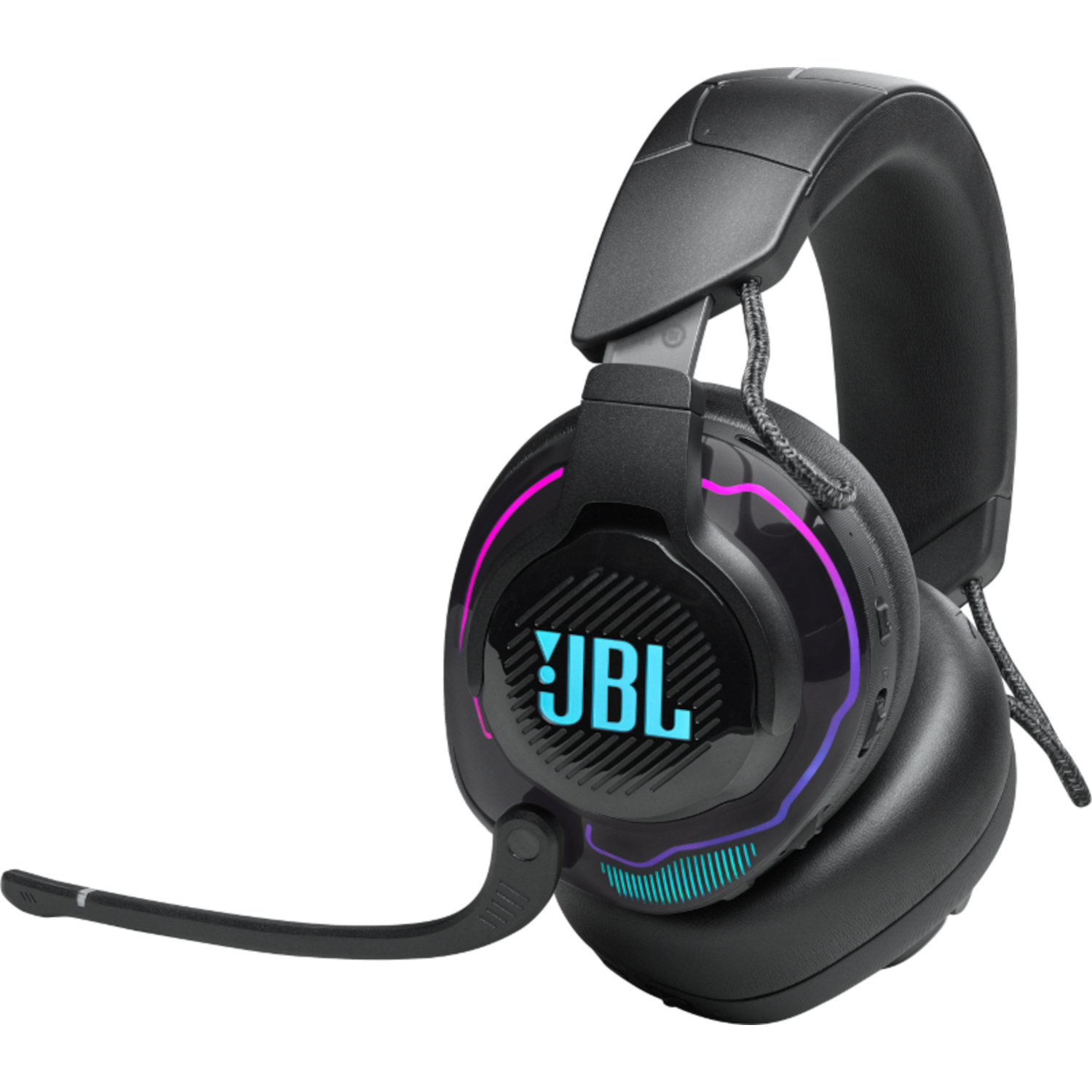 Czarne słuchawki do gier JBL z oświetleniem RGB i mikrofonem, na czarnym tle.