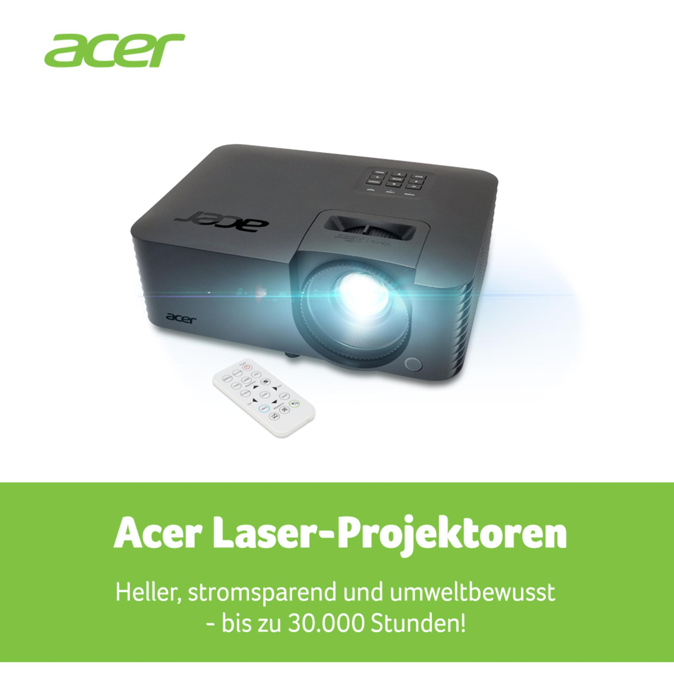 Projektor Acer z pilotem i tekstem promocyjnym w tle.