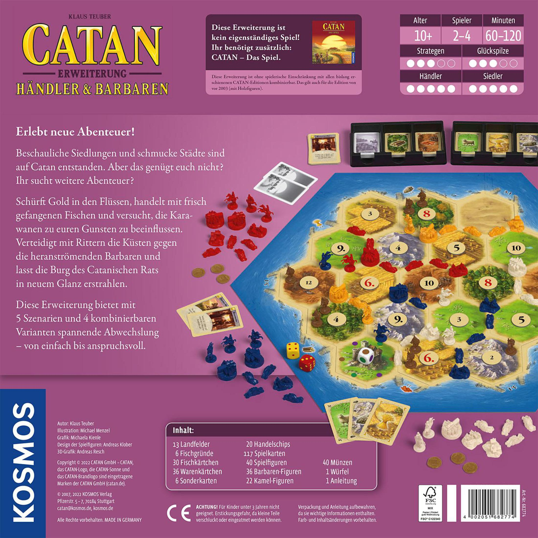 Eine Catan-Brettspielbox mit Illustrationen einer Spielszene.