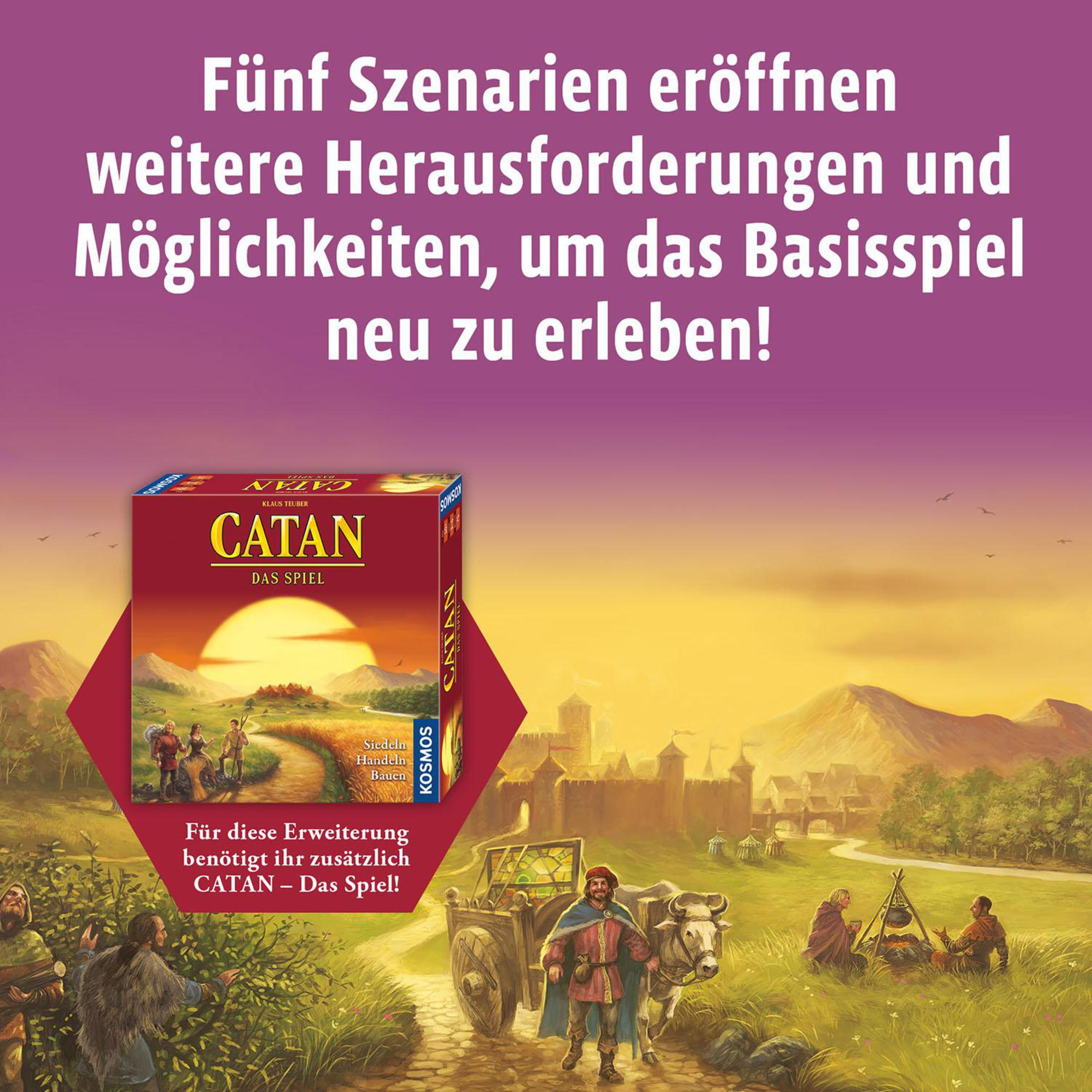 Eine Catan-Brettspielschachtel mit einer Illustration von Menschen auf einem Feld. Text auf Deutsch. Der Hintergrund ist ein Feld.