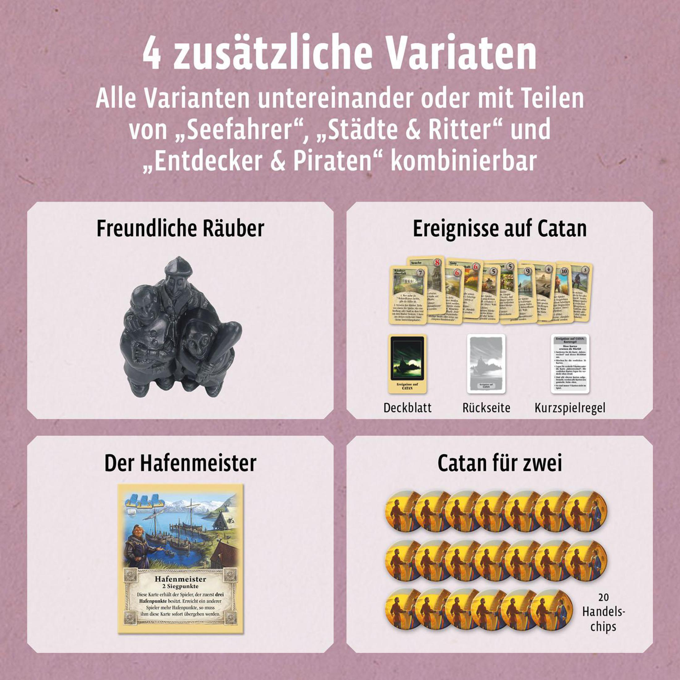 Vier Spielkacheln: 'Freundliche Räuber', 'Ereignisse auf Catan', 'Der Hafenmeister', 'Catan für zwei'.