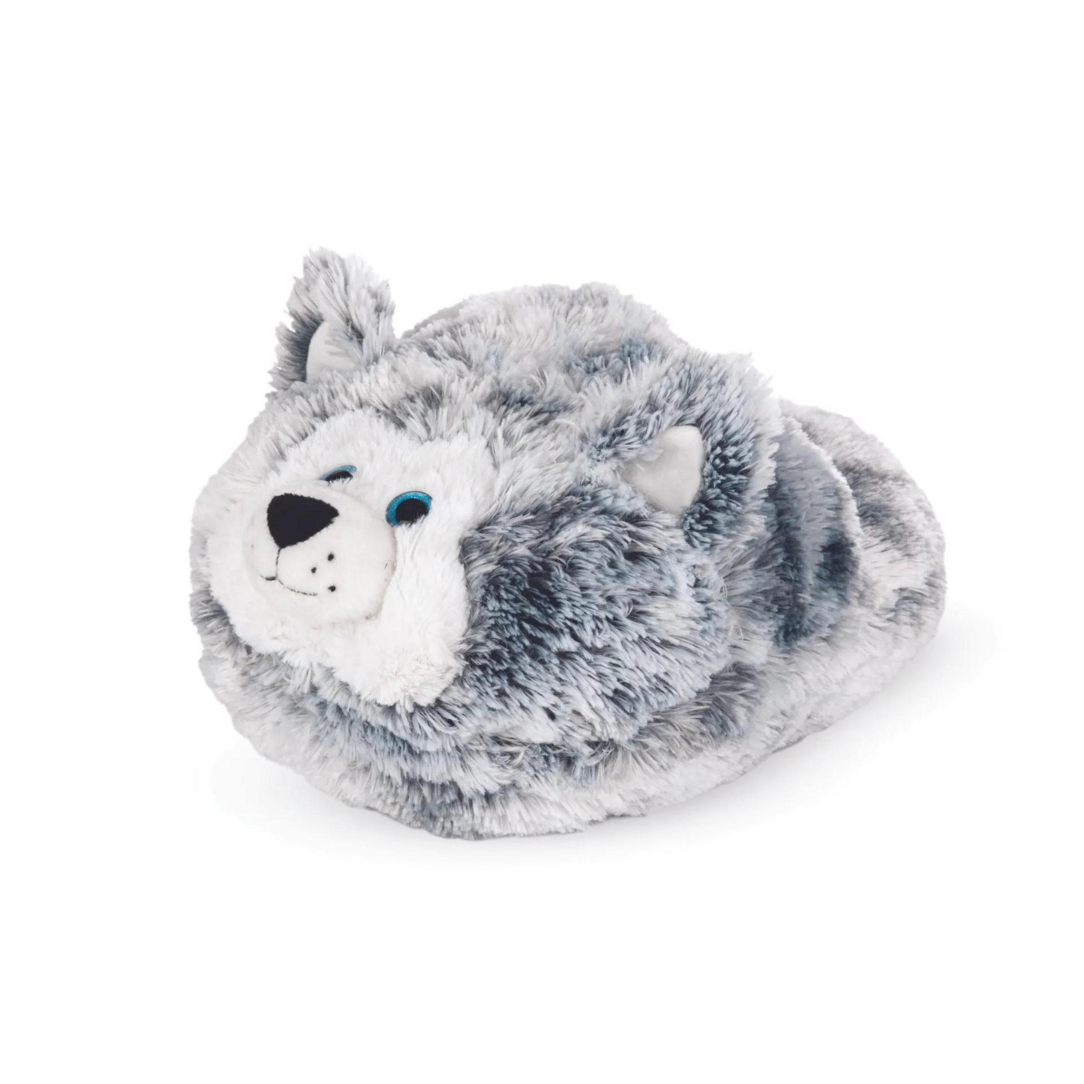 Ein graues Wolf-Plüschtier mit weißem Gesicht und blauen Augen.