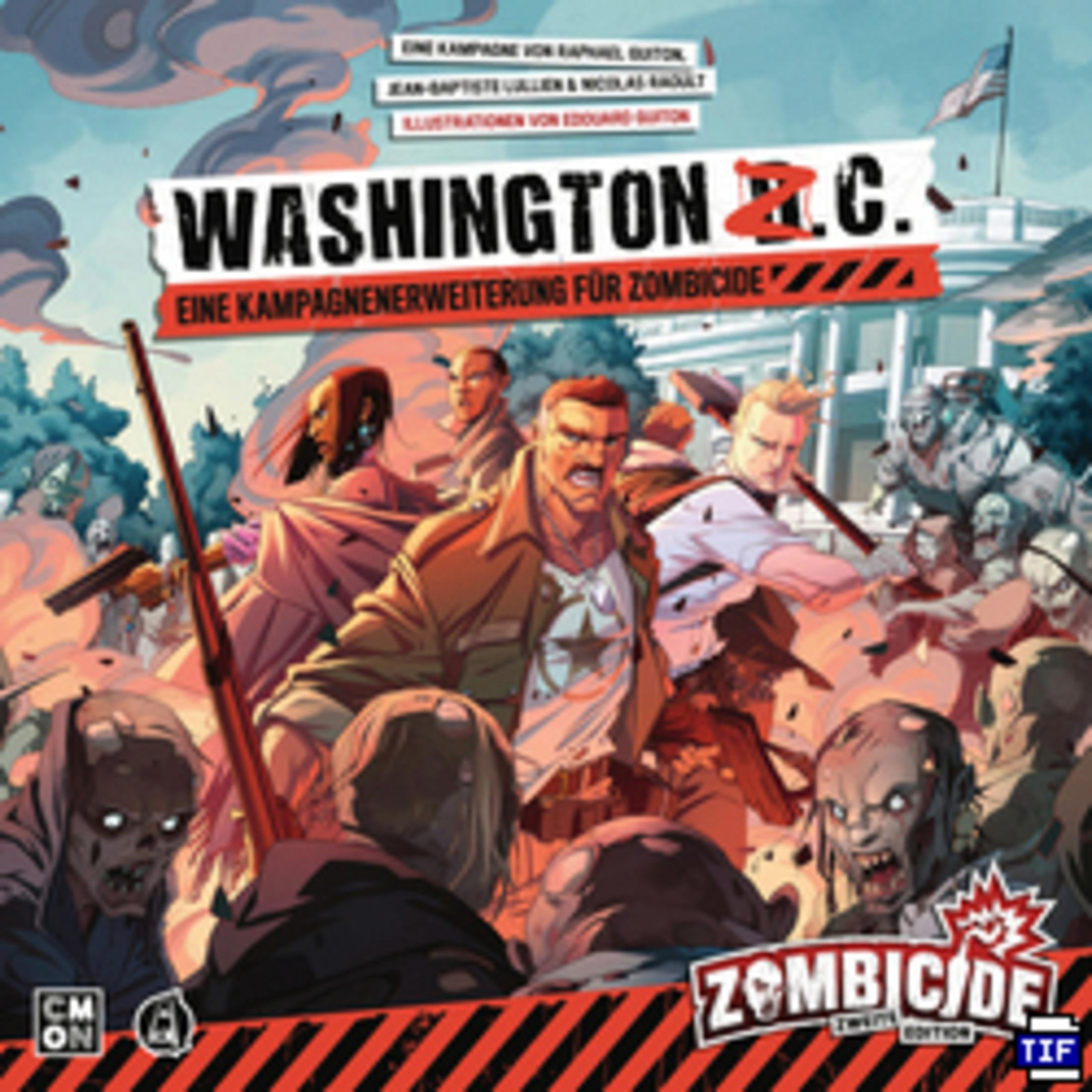 Zombicide-Brettspielbox mit einer Zombie-Themen-Illustration von kämpfenden Menschen.