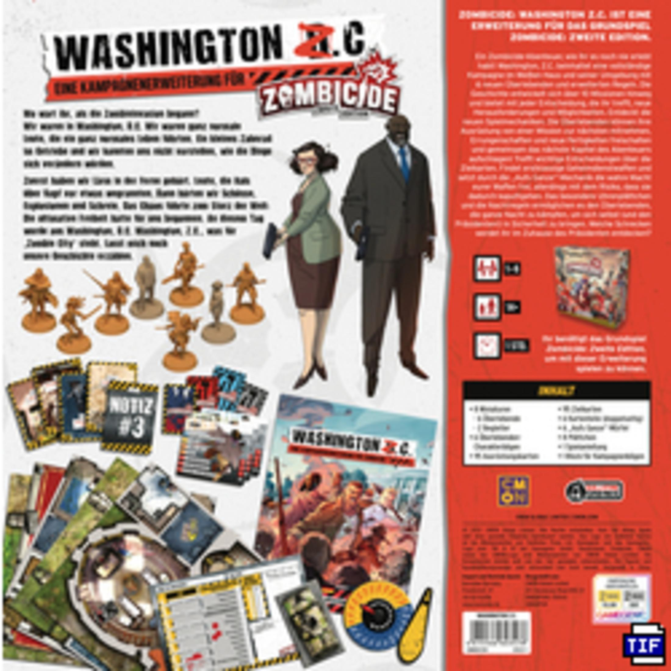 Eine Spielbox mit Bildern von Personen und Miniaturen. Es ist für Washington Zombicide.