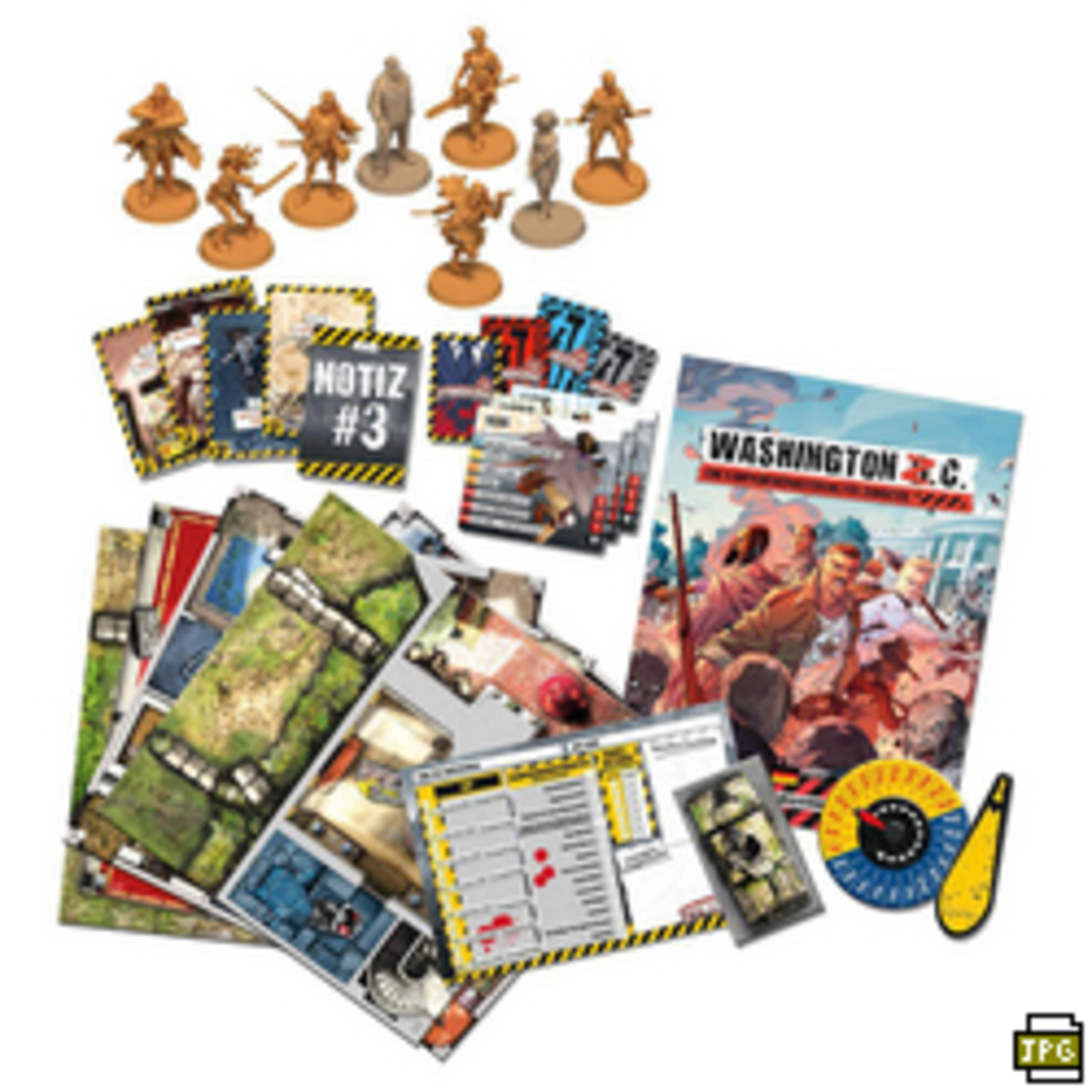 Brettspielkomponenten, darunter Miniaturfiguren, Karten und Spielbretter.