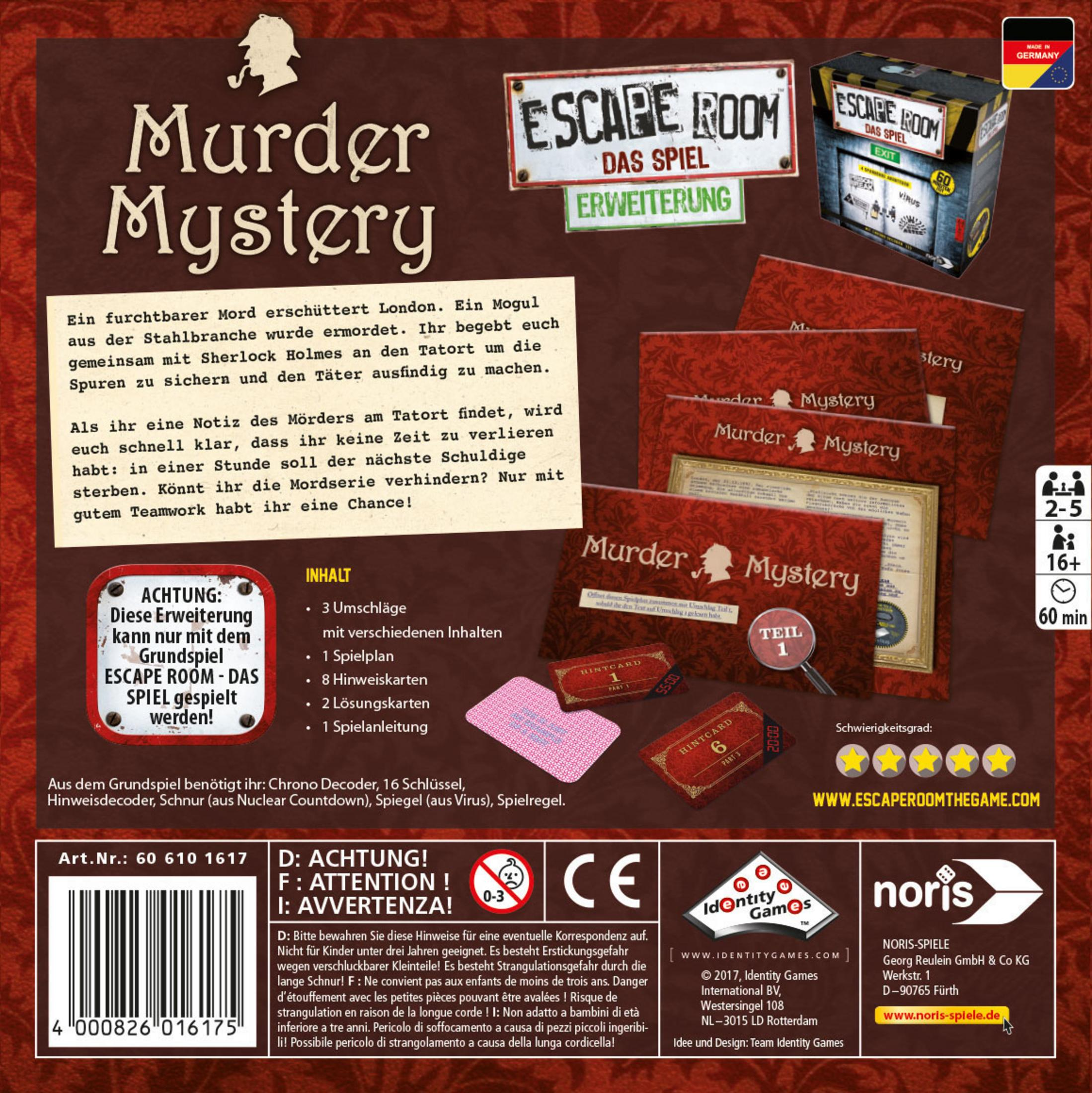 Box für ein Krimispiel mit Spielbrett und Karten, mit Text.