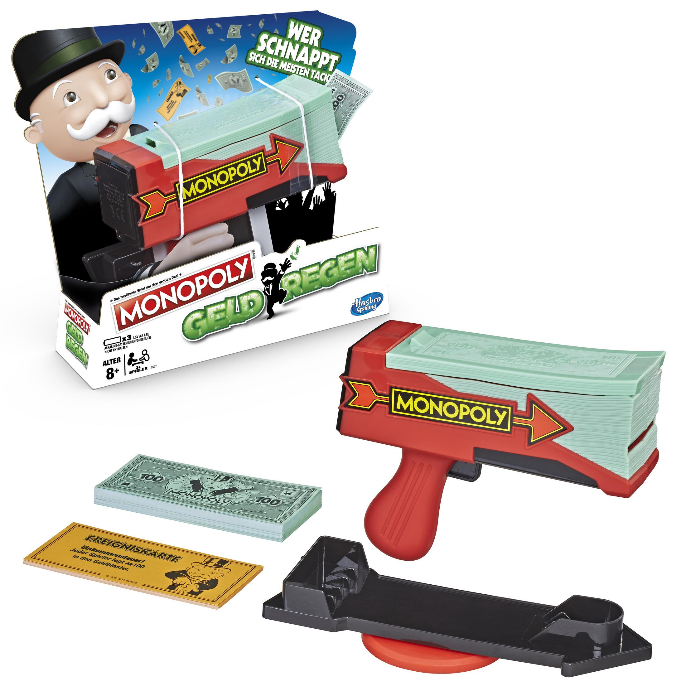 Monopoly Geldpistole und Zubehör. Enthält Geldscheine, Spielkarten und die Monopoly-Spielbox.