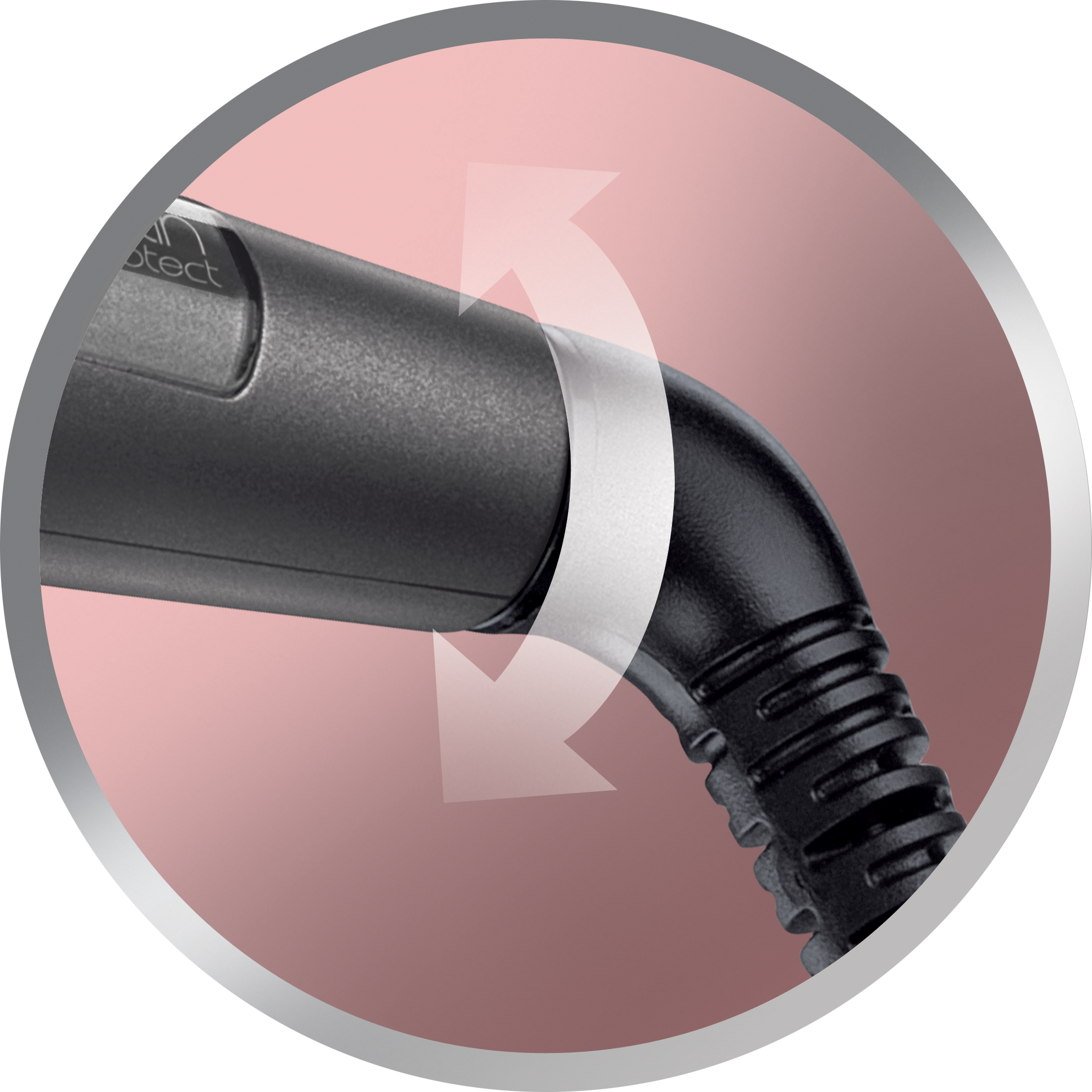 Zbliżenie lokówki z obrotowym przewodem. Przewód jest czarny, a tło różowe.