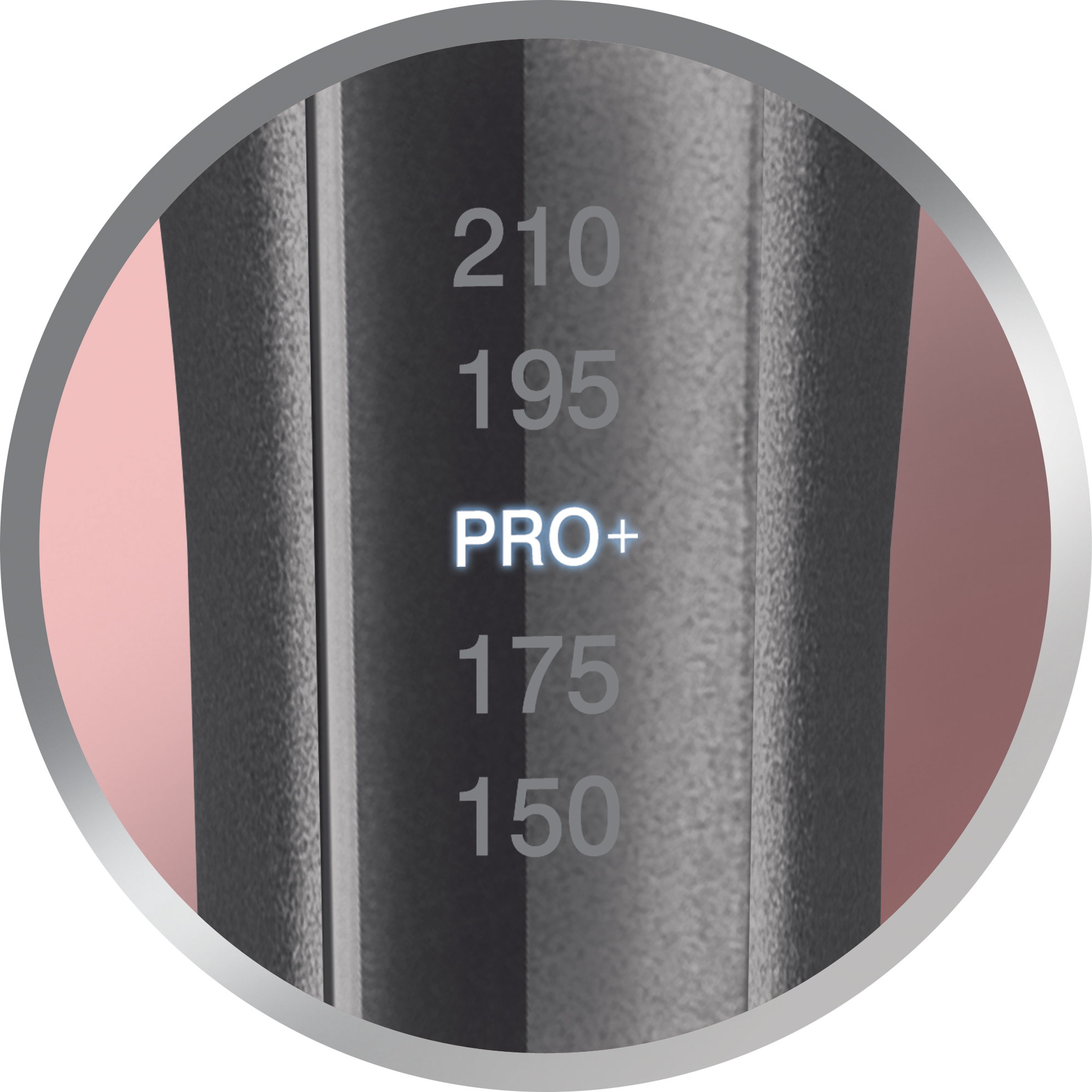 Zbliżenie pokrętła regulacji temperatury prostownicy, pokazujące ustawienia ciepła i opcję PRO+.