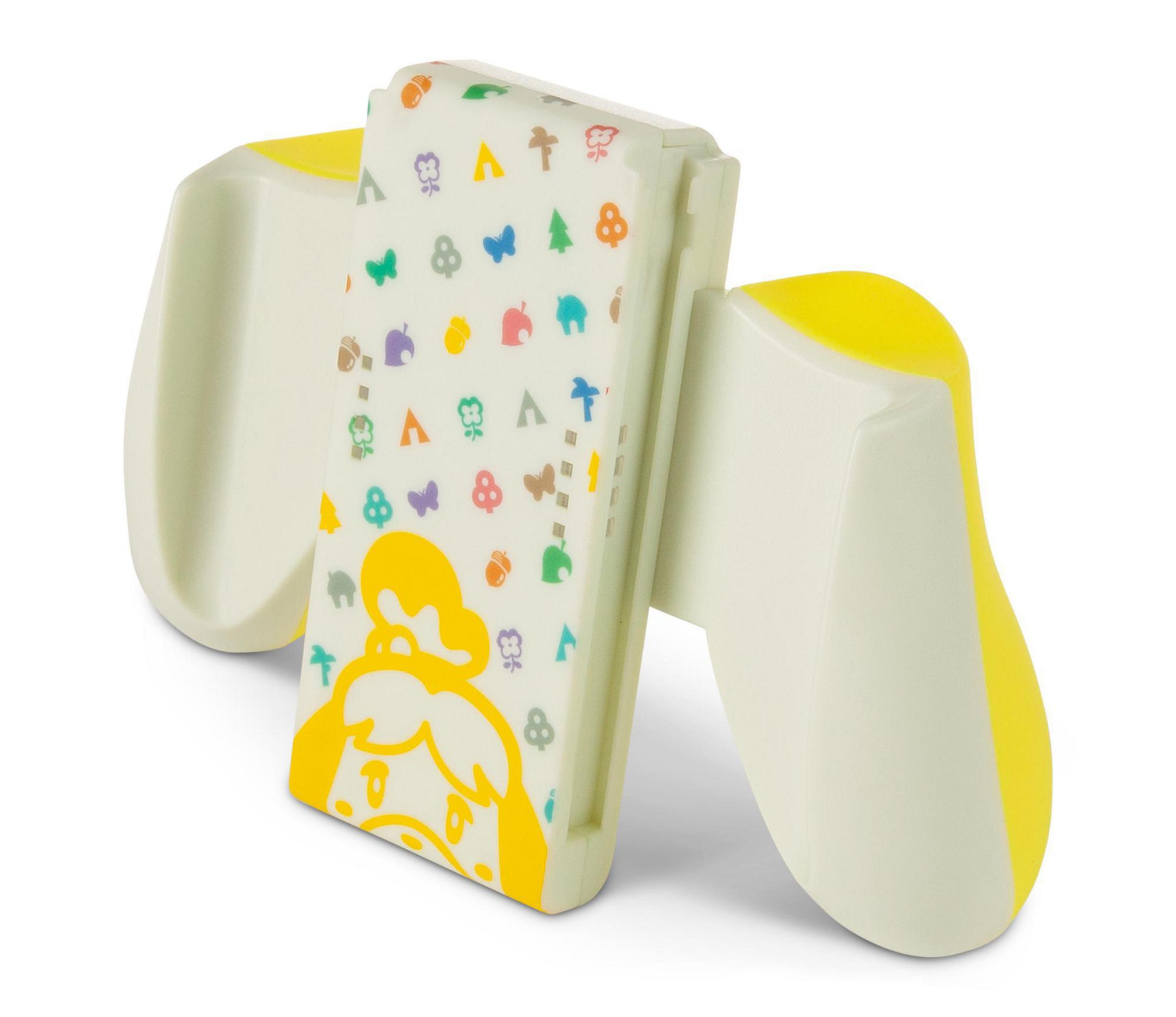 Mandos Switch blancos con detalles amarillos, con diseño Animal Crossing.