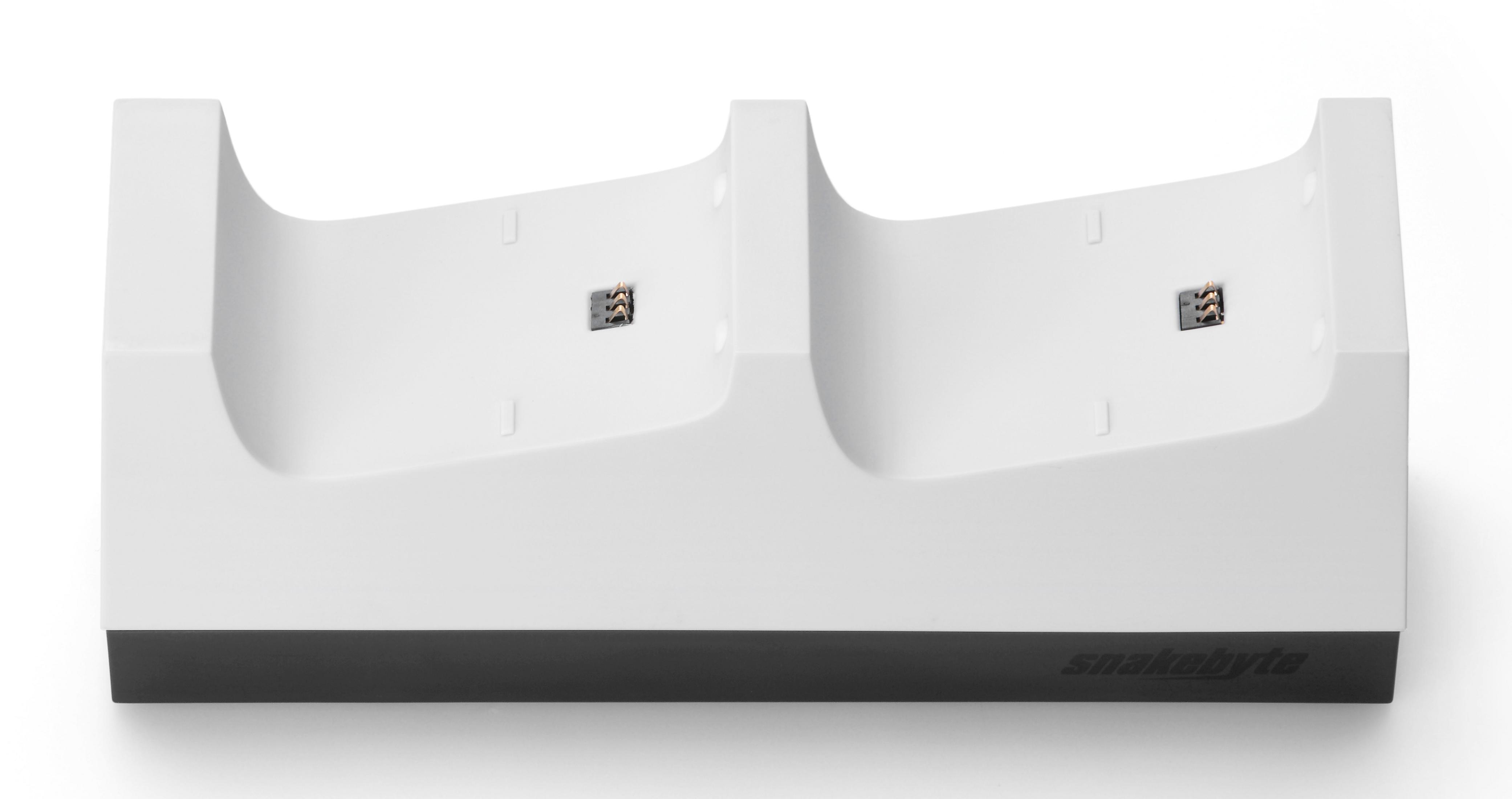 Weiße Ladestation für zwei Controller. Schwarze Basis. Weißer Hintergrund.