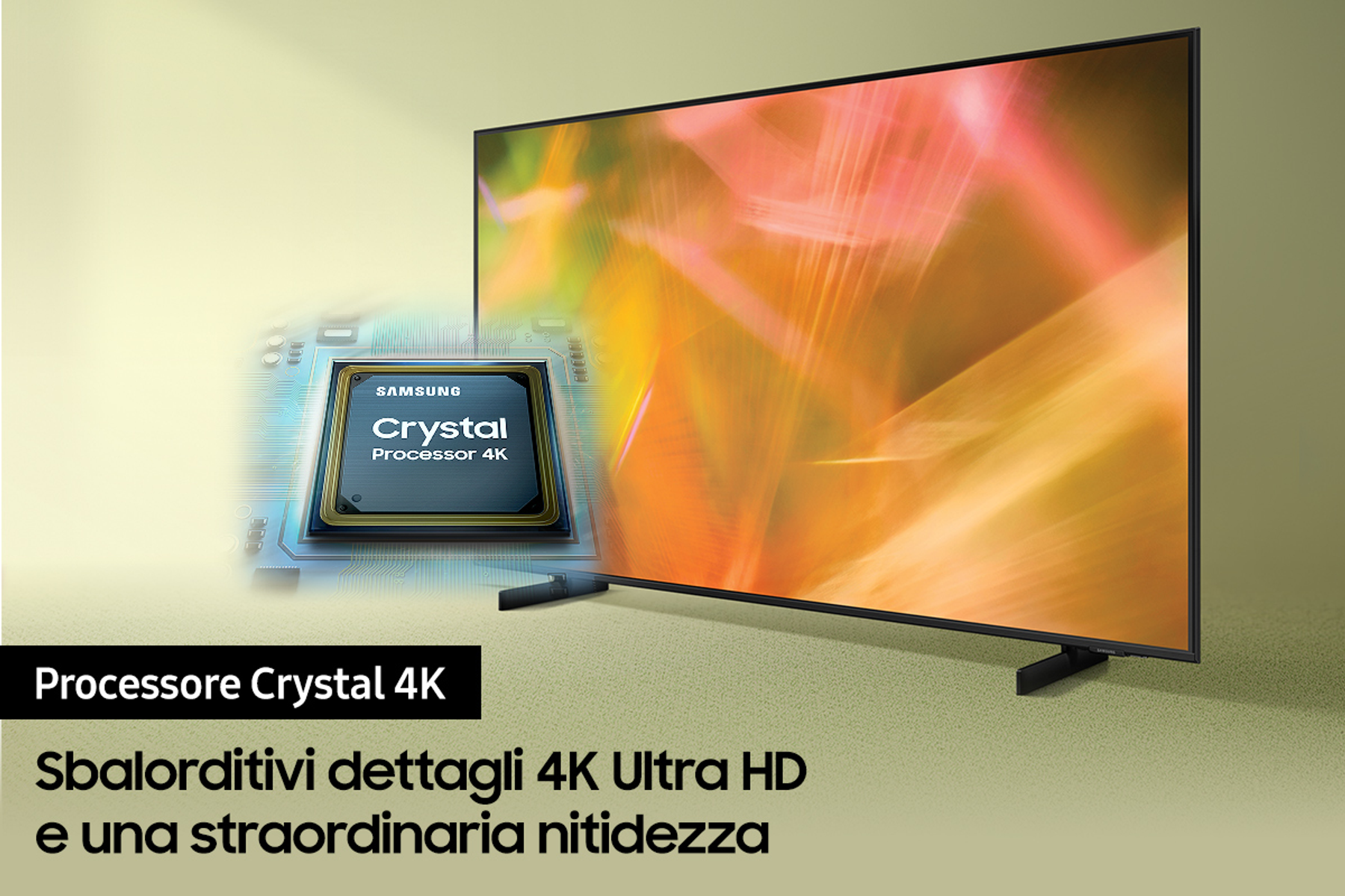 Uno schermo TV con un grafico del processore e testo in italiano, su sfondo verde e bianco.