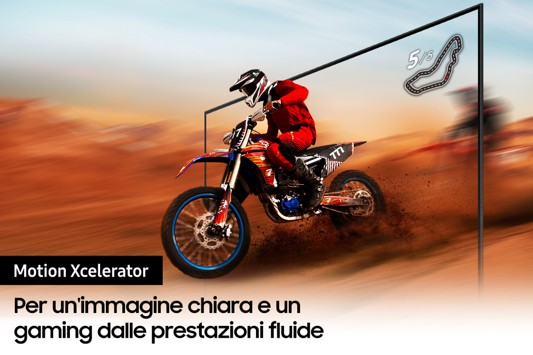 TV che mostra un pilota di motocross con sfondo sfocato e testo.