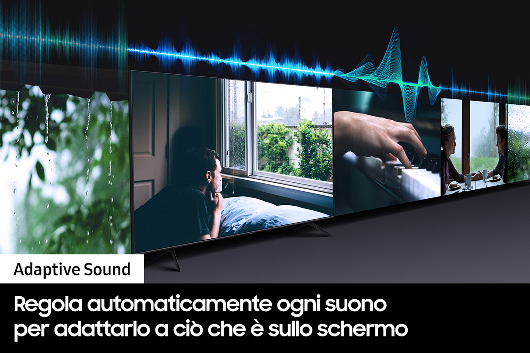 Lo schermo televisivo mostra più scene. Il testo descrive Adaptive Sound. Sfondo nero.
