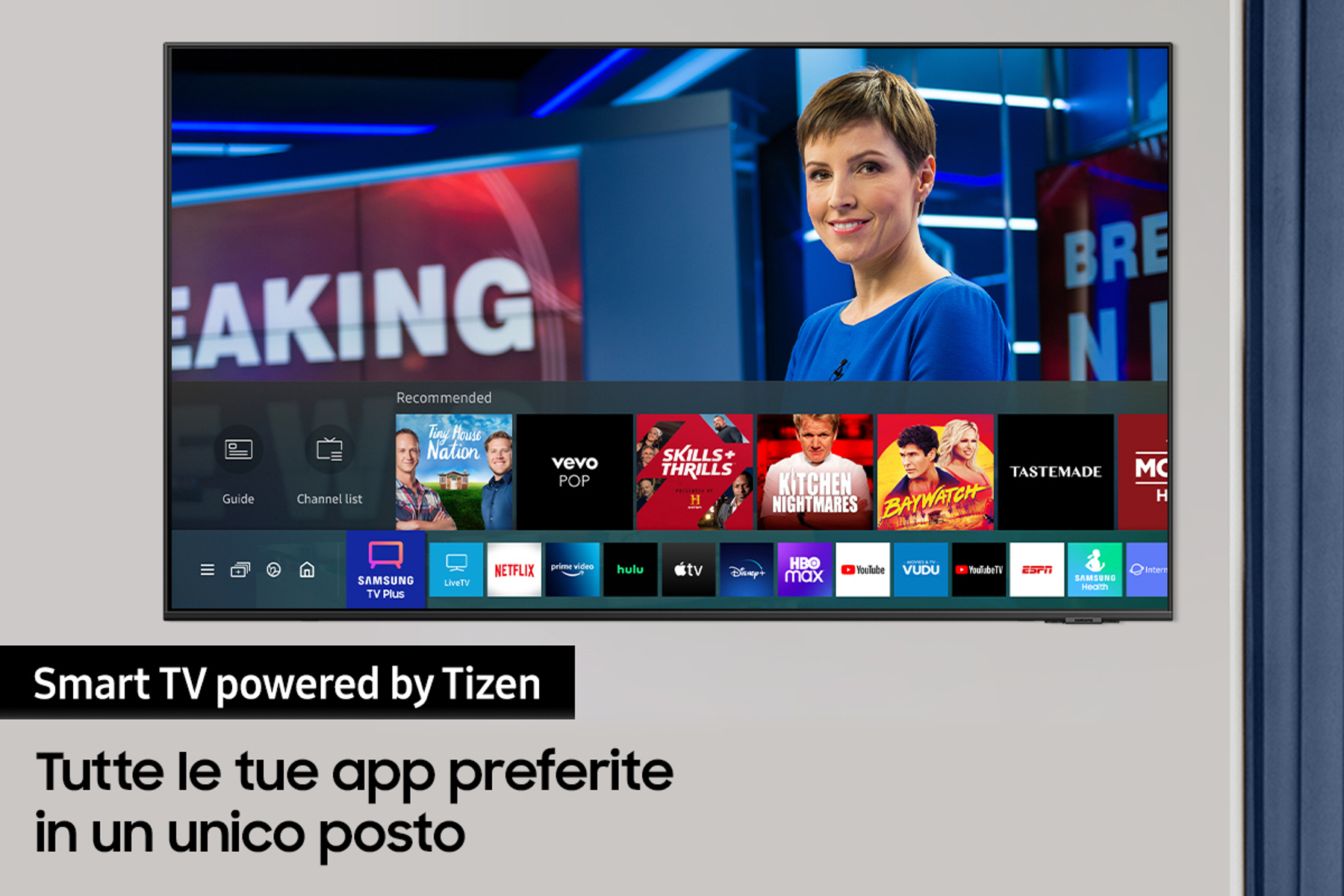 Un schermo TV mostra notizie con una donna, icone di app e testo.