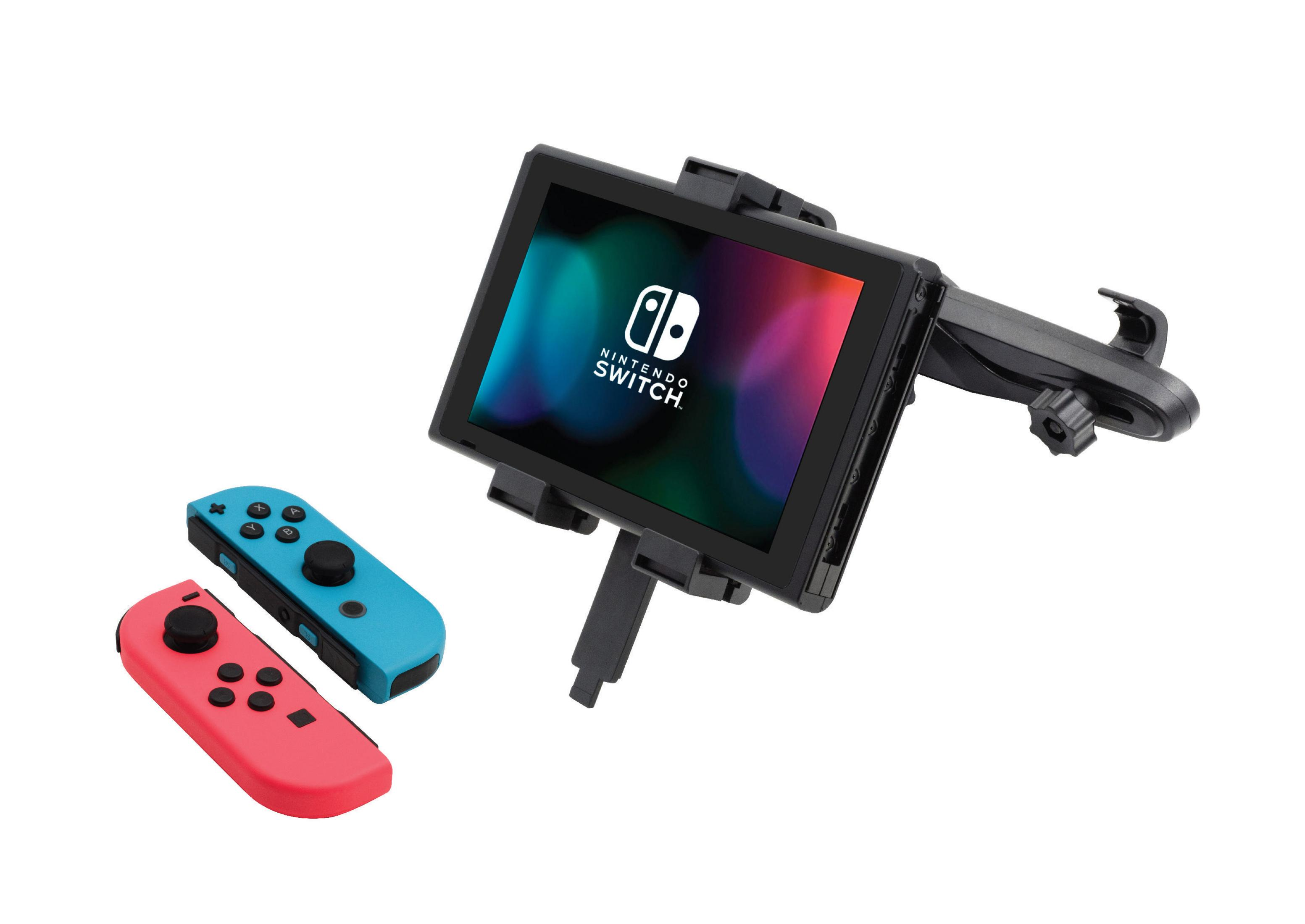 Consola Nintendo Switch con soporte y Joy-Cons rojo y azul desmontados, sobre fondo blanco.