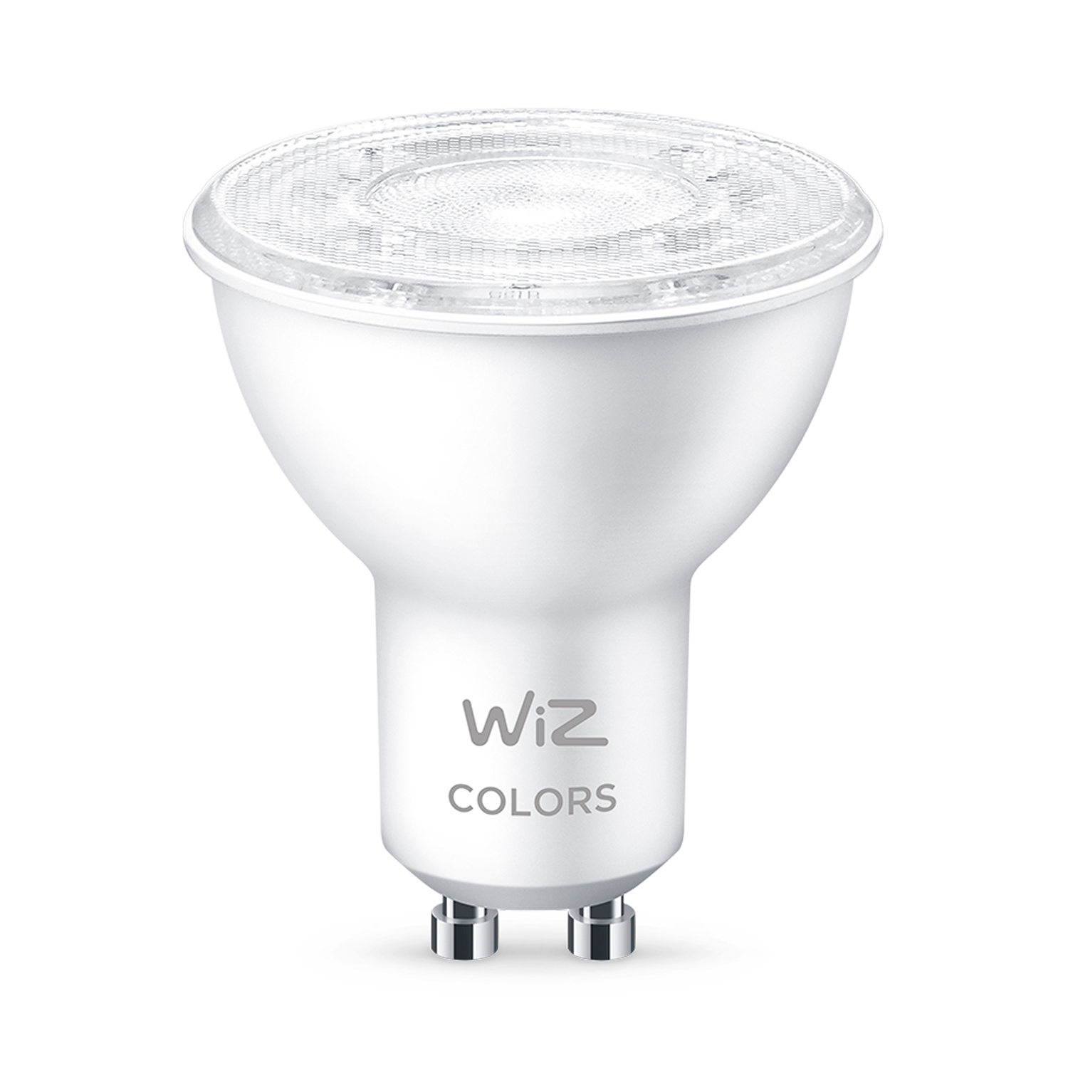 Una lampadina LED bianca con 'WiZ COLORS' stampato, con una parte superiore trasparente e modellata.