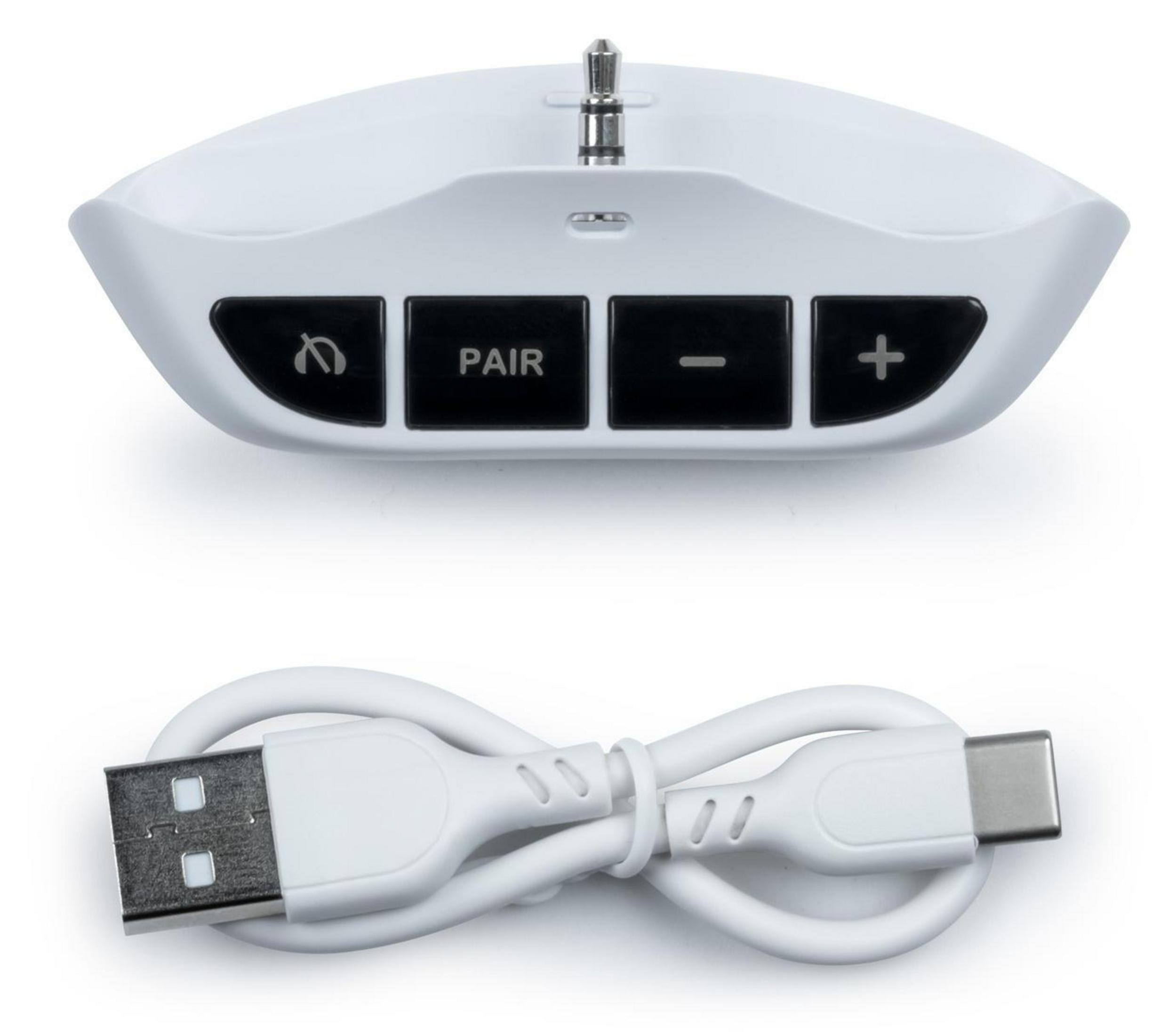 Weißes Audiogerät mit Knöpfen, einem USB-Kabel und einer 3,5-mm-Audiobuchse.
