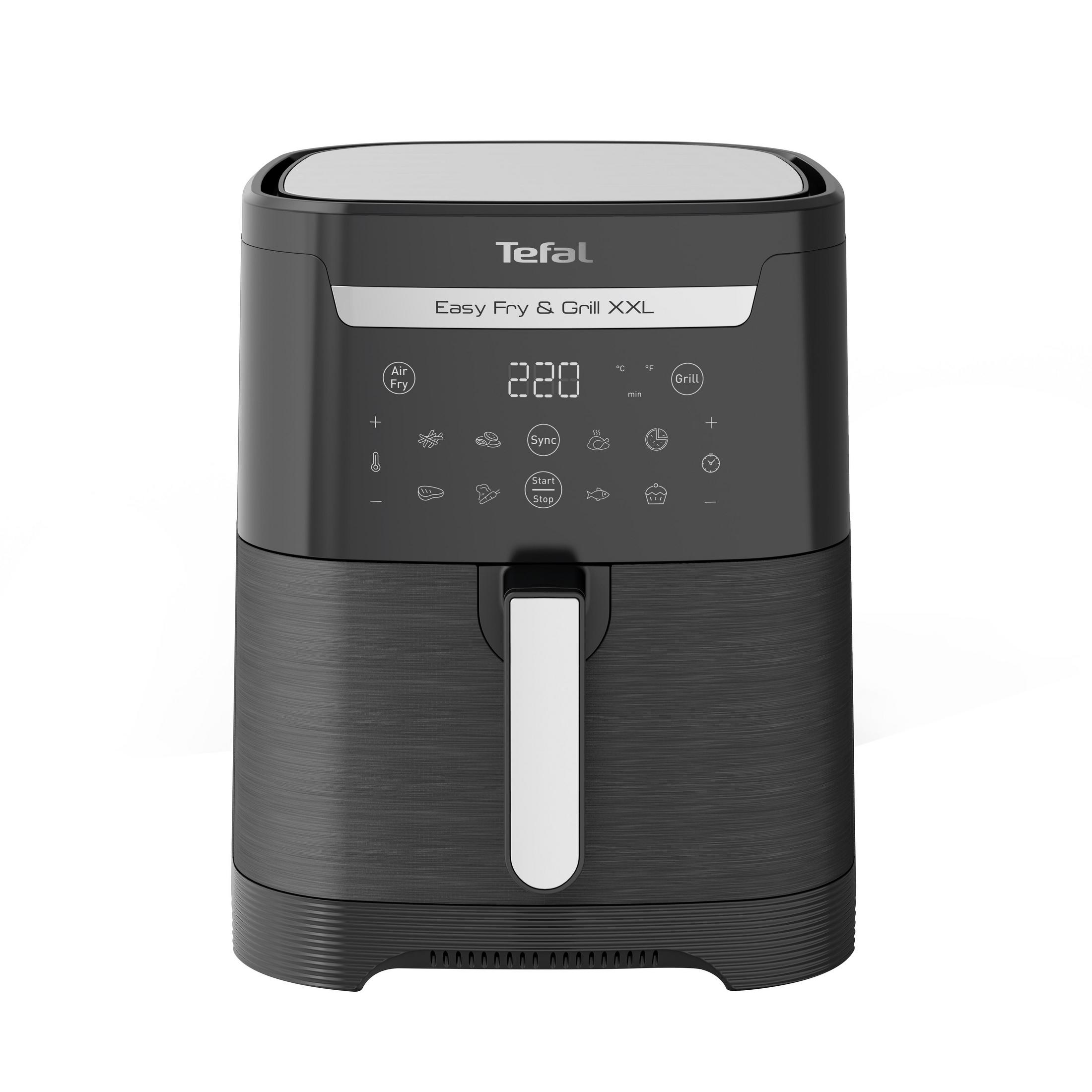 Friggitrice ad aria Tefal Easy Fry & Grill XXL nera con manico bianco.