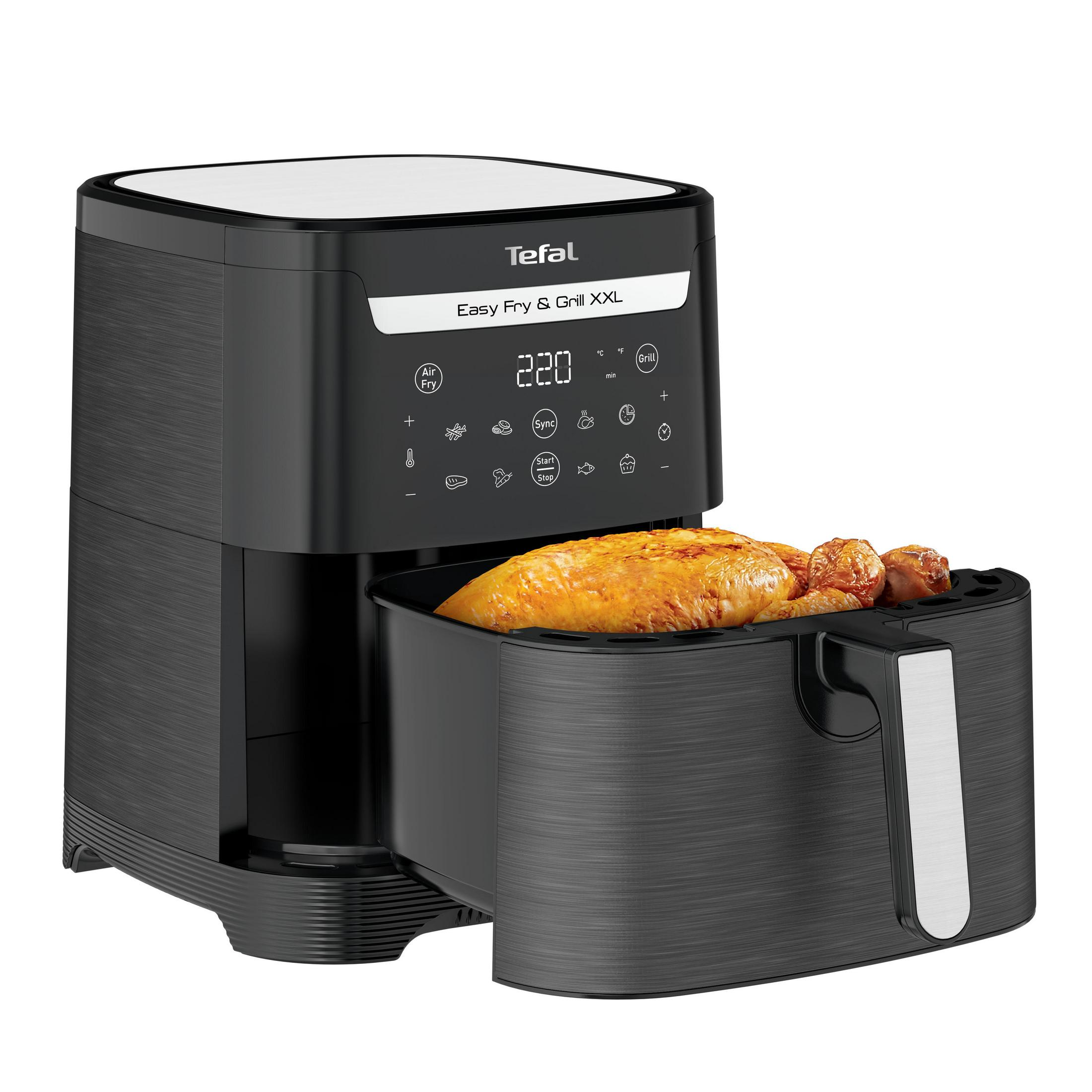 Friggitrice ad aria nera con cibo dentro, display digitale, sfondo bianco.